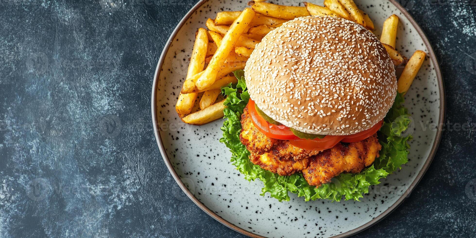 Plate with a chicken sandwich, positioned centrally, food setting photo