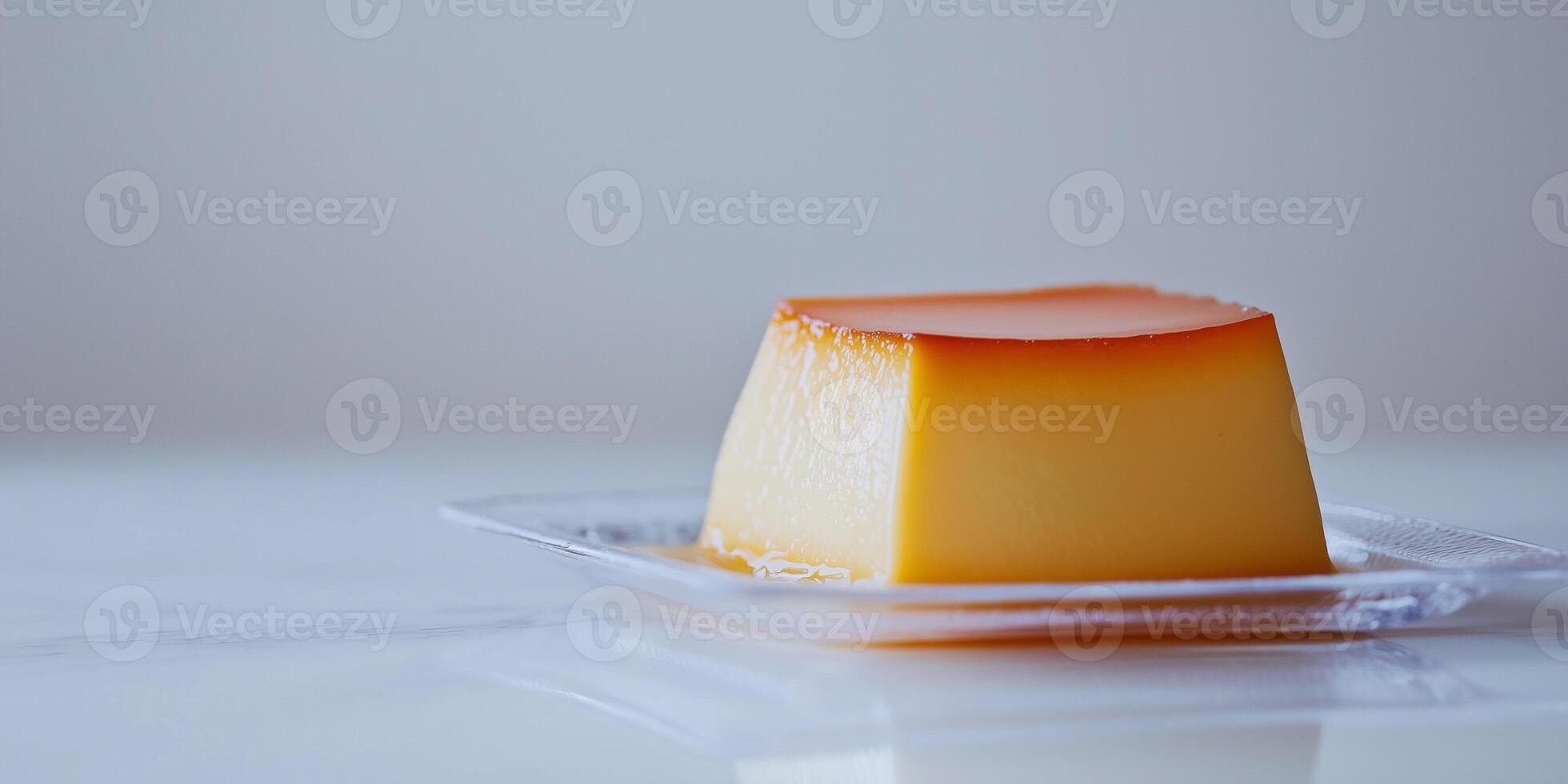 Portion of flan in a clear container with minimalistic presentation, food setting photo