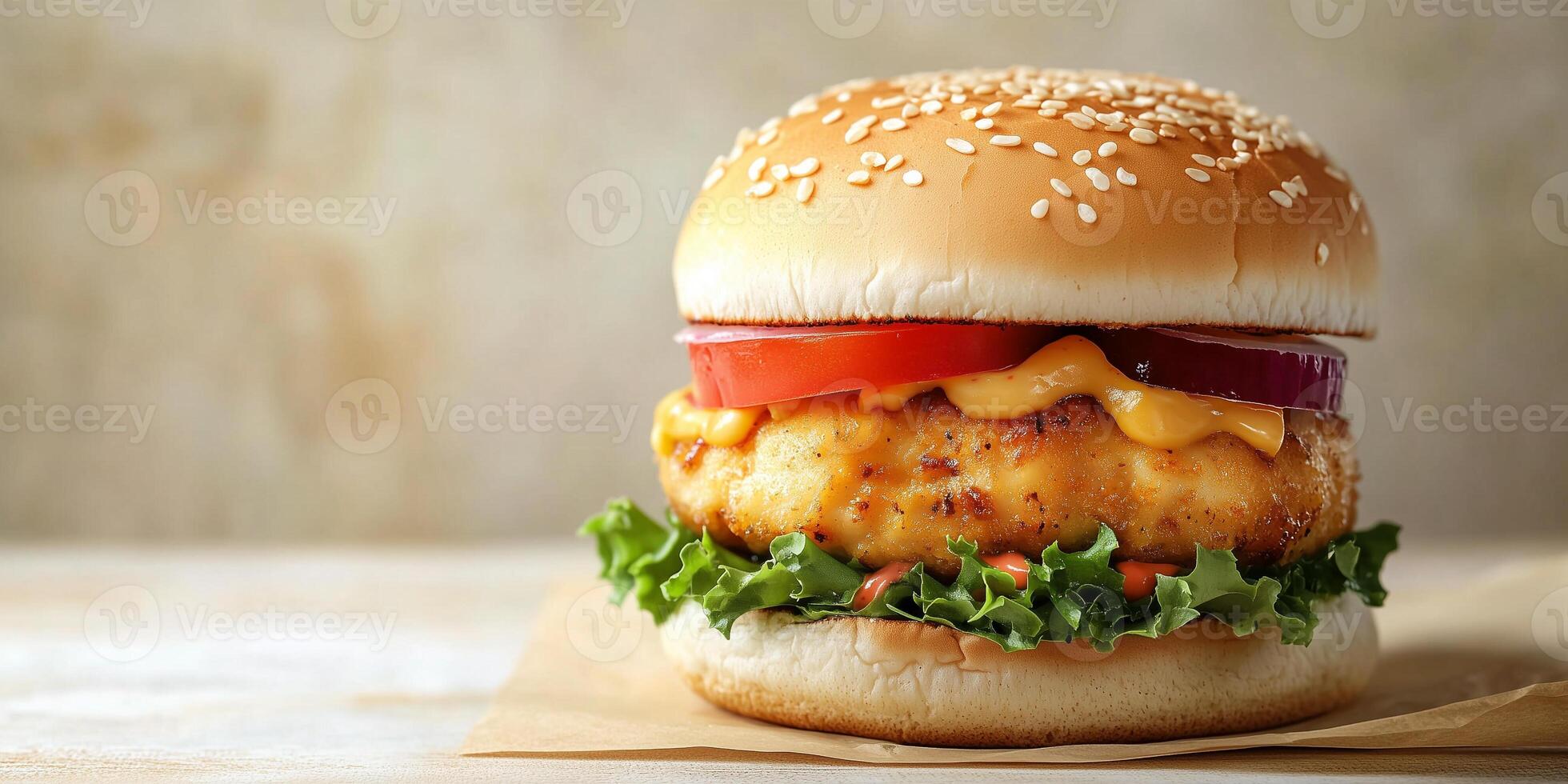 Single chicken burger with patty and fillings, placed horizontally, food setting photo
