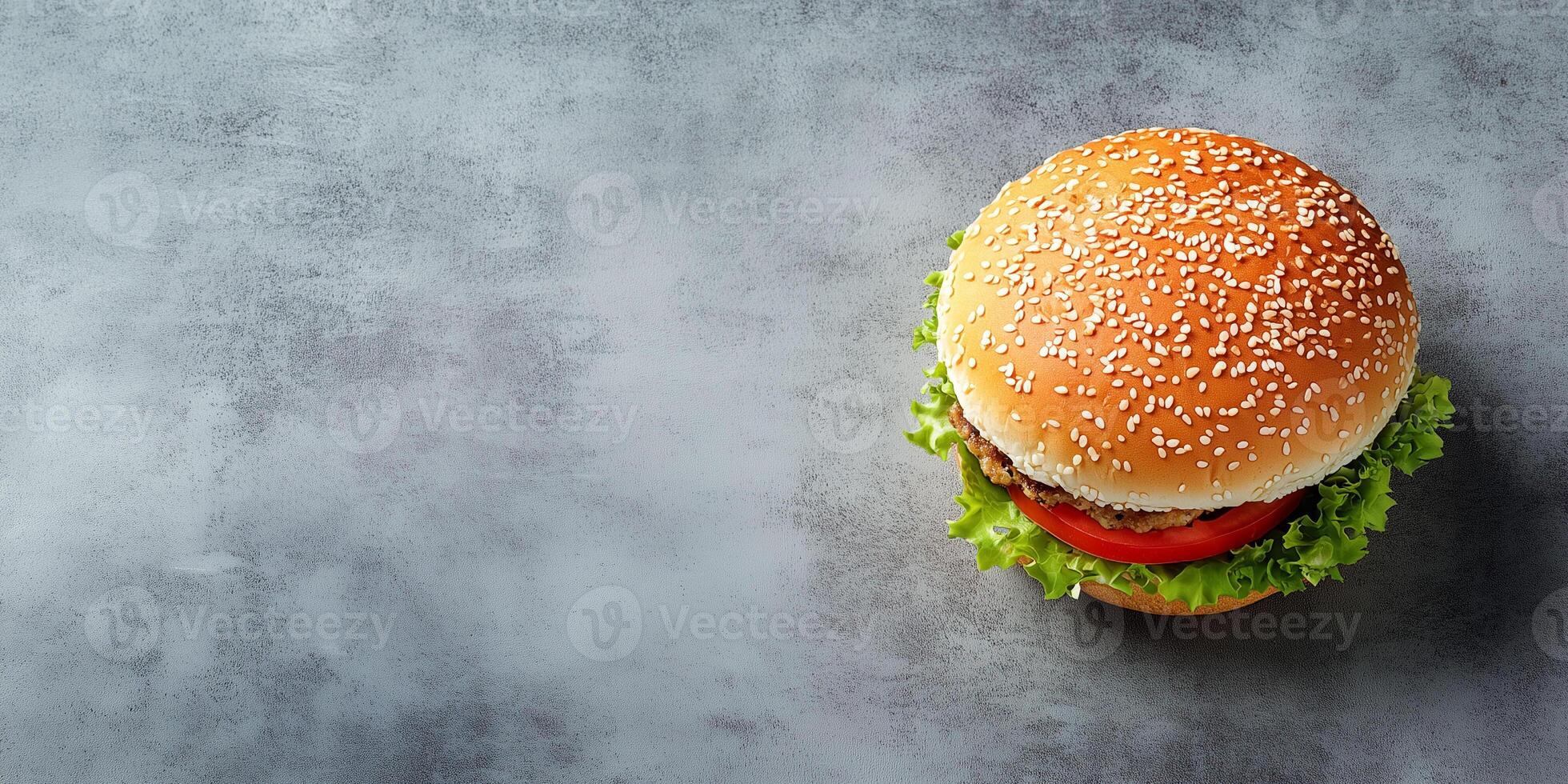 Single chicken burger, placed diagonally on a clean flat surface, meal photography photo