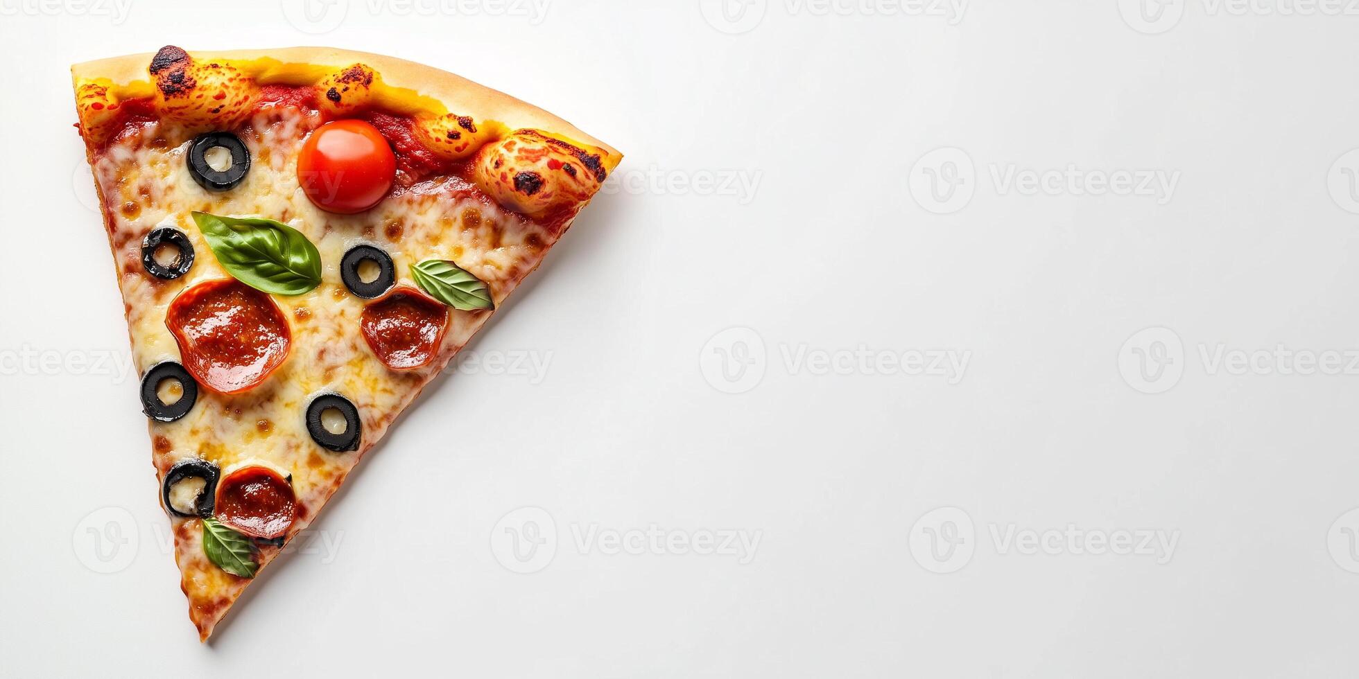 Single pizza slice with toppings displayed prominently, resting on a white background, meal photography photo
