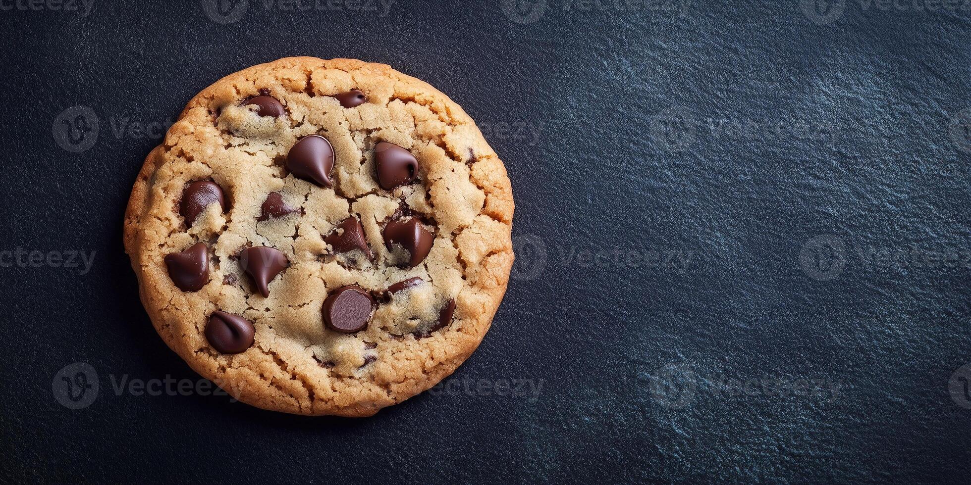 Single chocolate chip cookie on a flat surface, showing visible chips, food setting photo