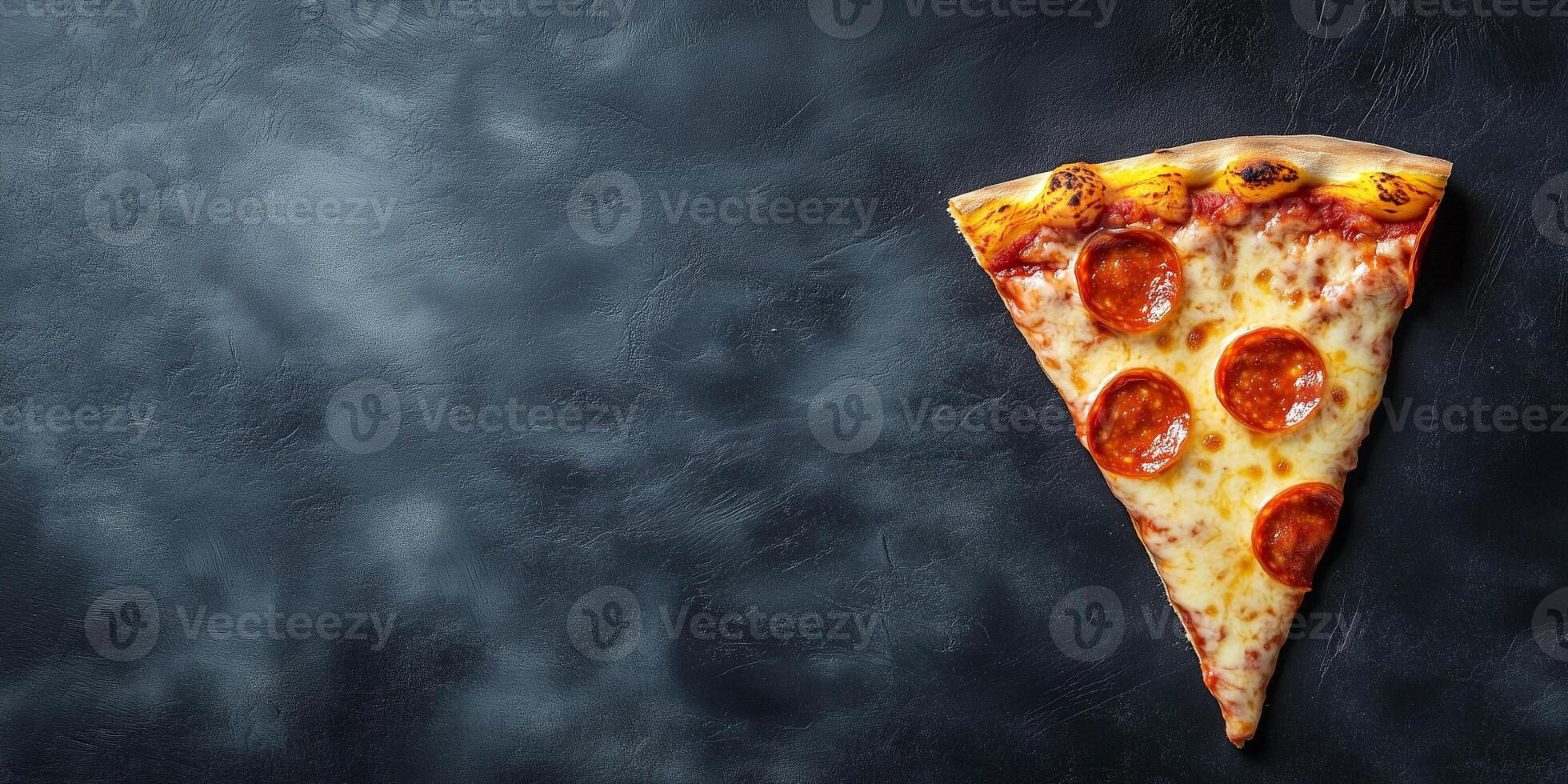 Single pizza slice displayed with melted cheese and scattered pepperoni on top, food setting photo