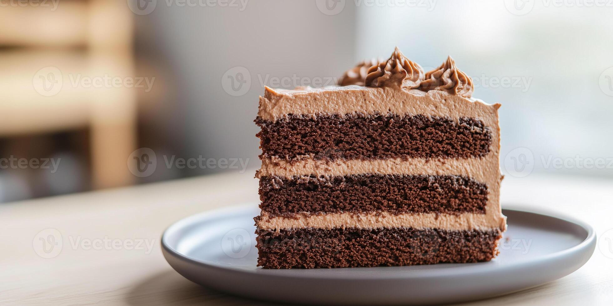 Slice of chocolate cake on a plate, showing layers of cake and frosting, food setting photo