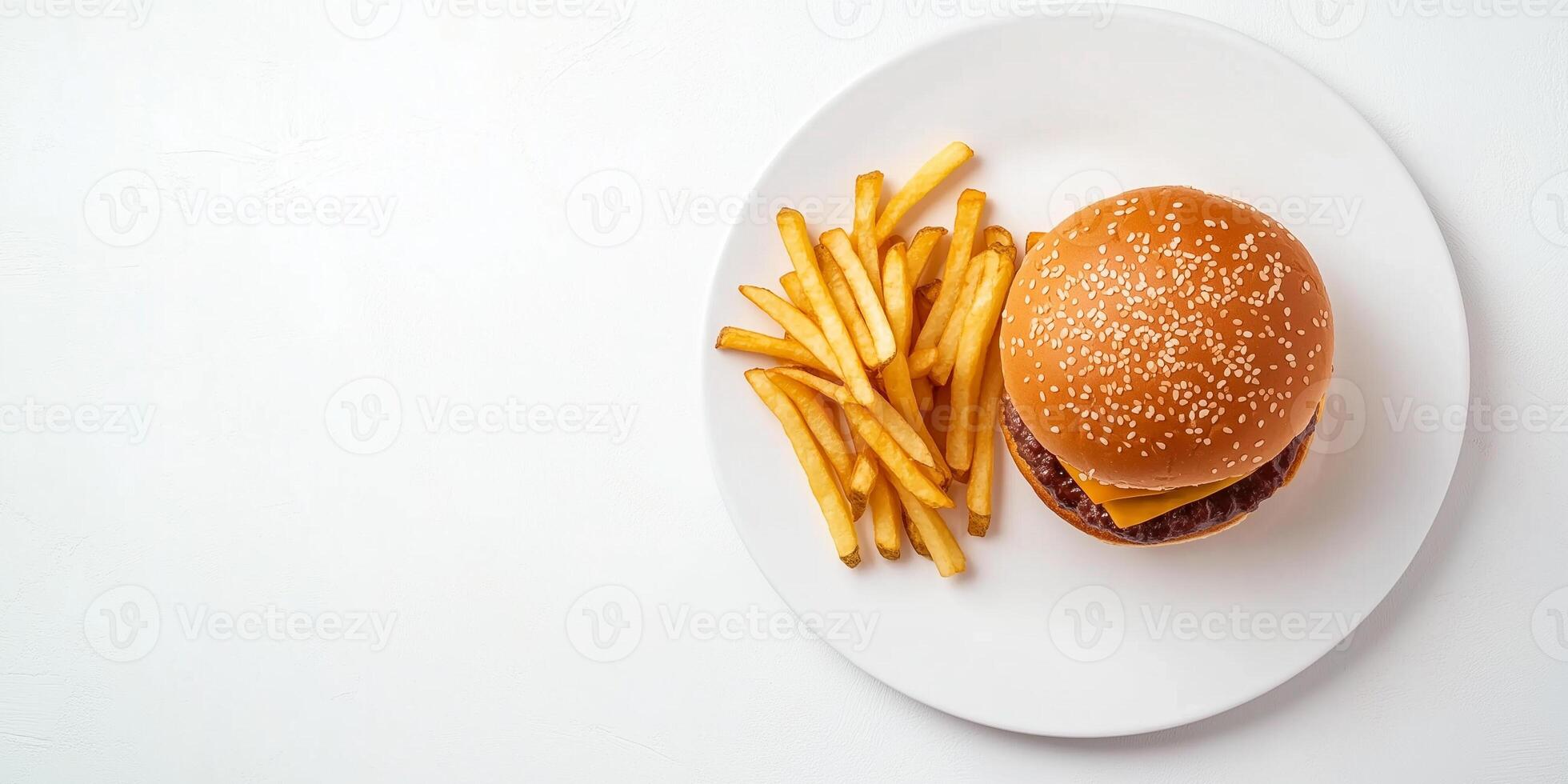 Stack of fries next to a burger on a white plate, food setting photo