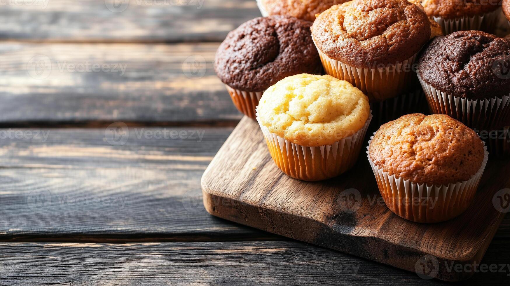 Stack of muffins on wooden serving board, meal photography photo
