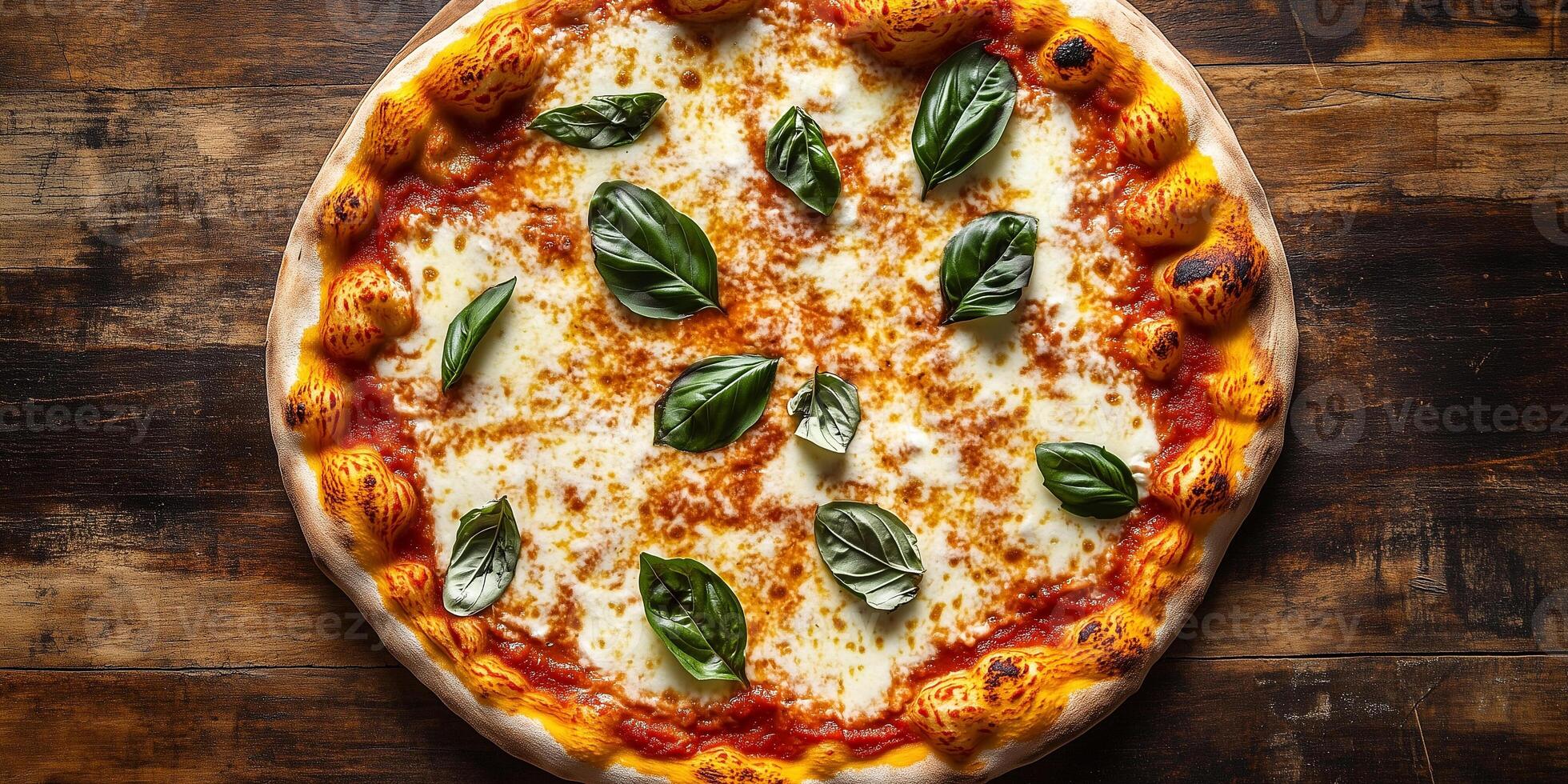 Top-down view of Margherita pizza with toppings arranged in a classic pattern, food setting photo