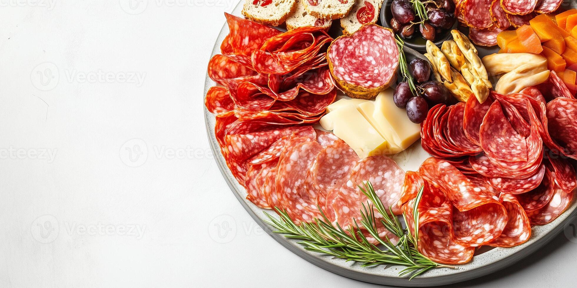 Multiple charcuterie placed in an orderly pattern on a round platter, food setting photo