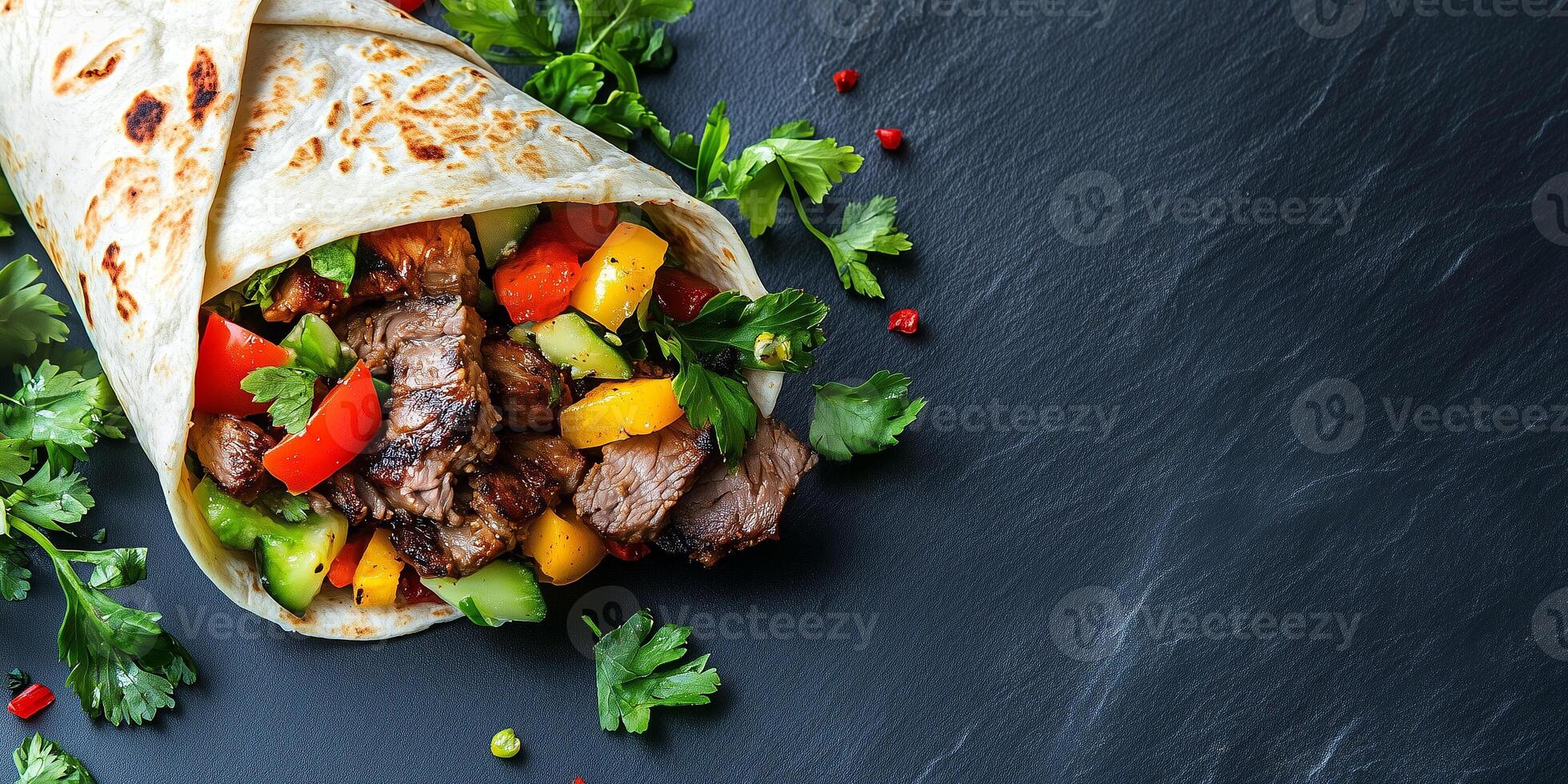 Open wrap filled with grilled meat and vegetables, resting on a flat surface, meal photography photo