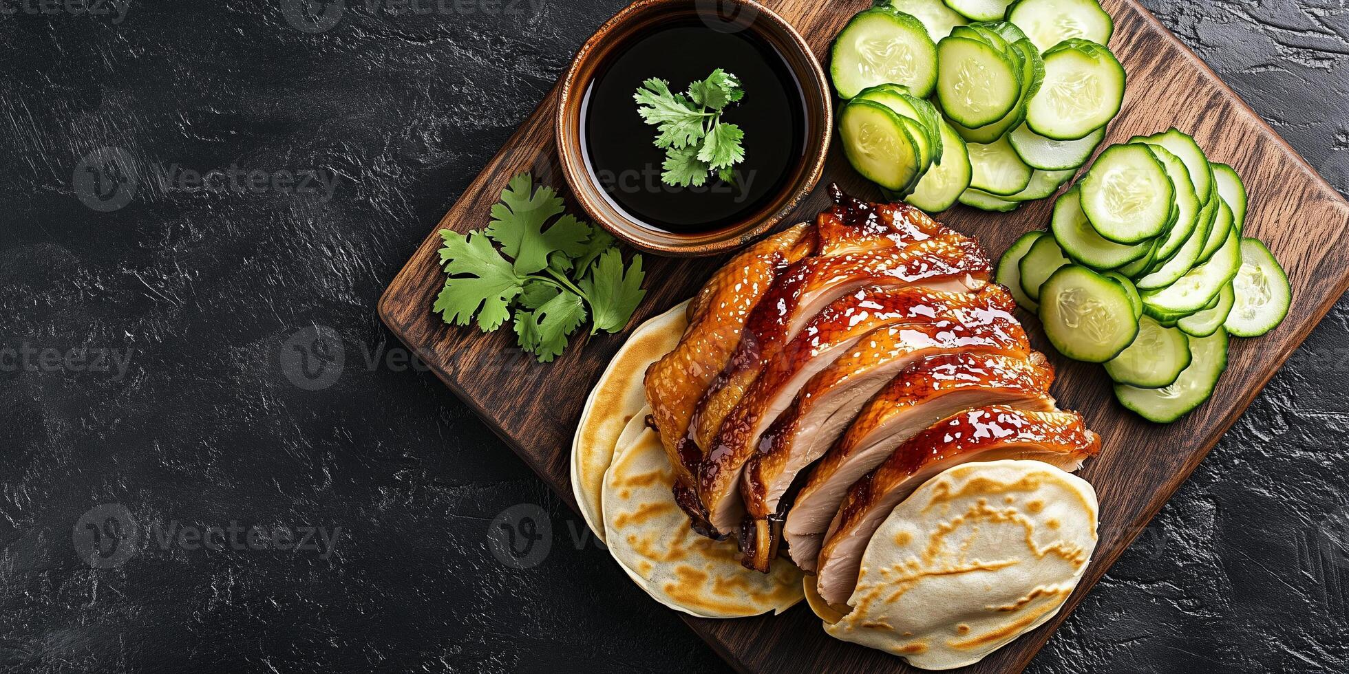 Peking duck with pancakes, hoisin sauce, and scallions, food setting photo
