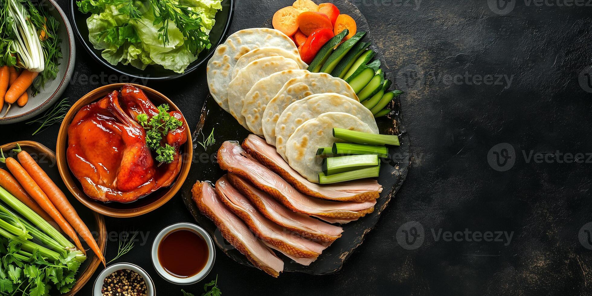 Peking duck with vegetables and hoisin sauce, food setting photo