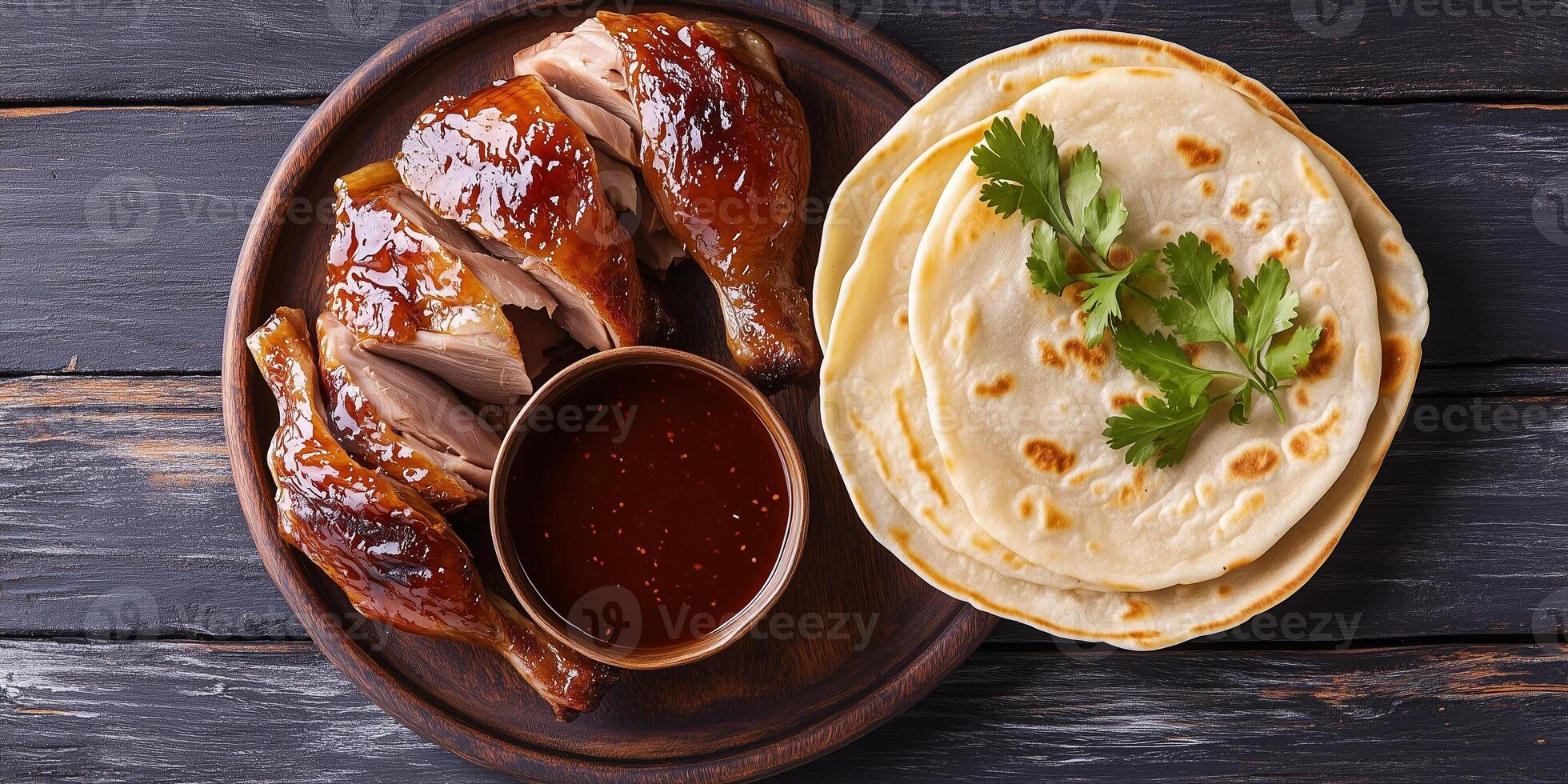 Peking duck with pancakes and dipping sauce, meal photography photo