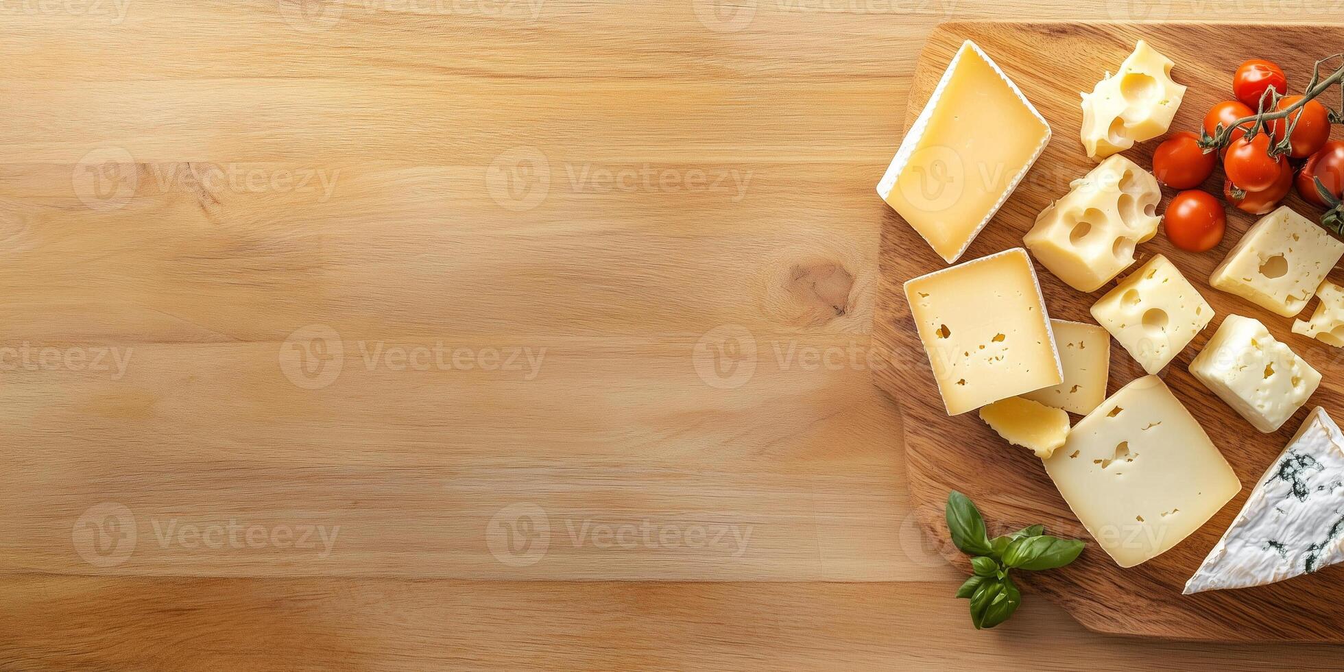 Several cheeses placed in an organized pattern on a rectangular board, meal photography photo