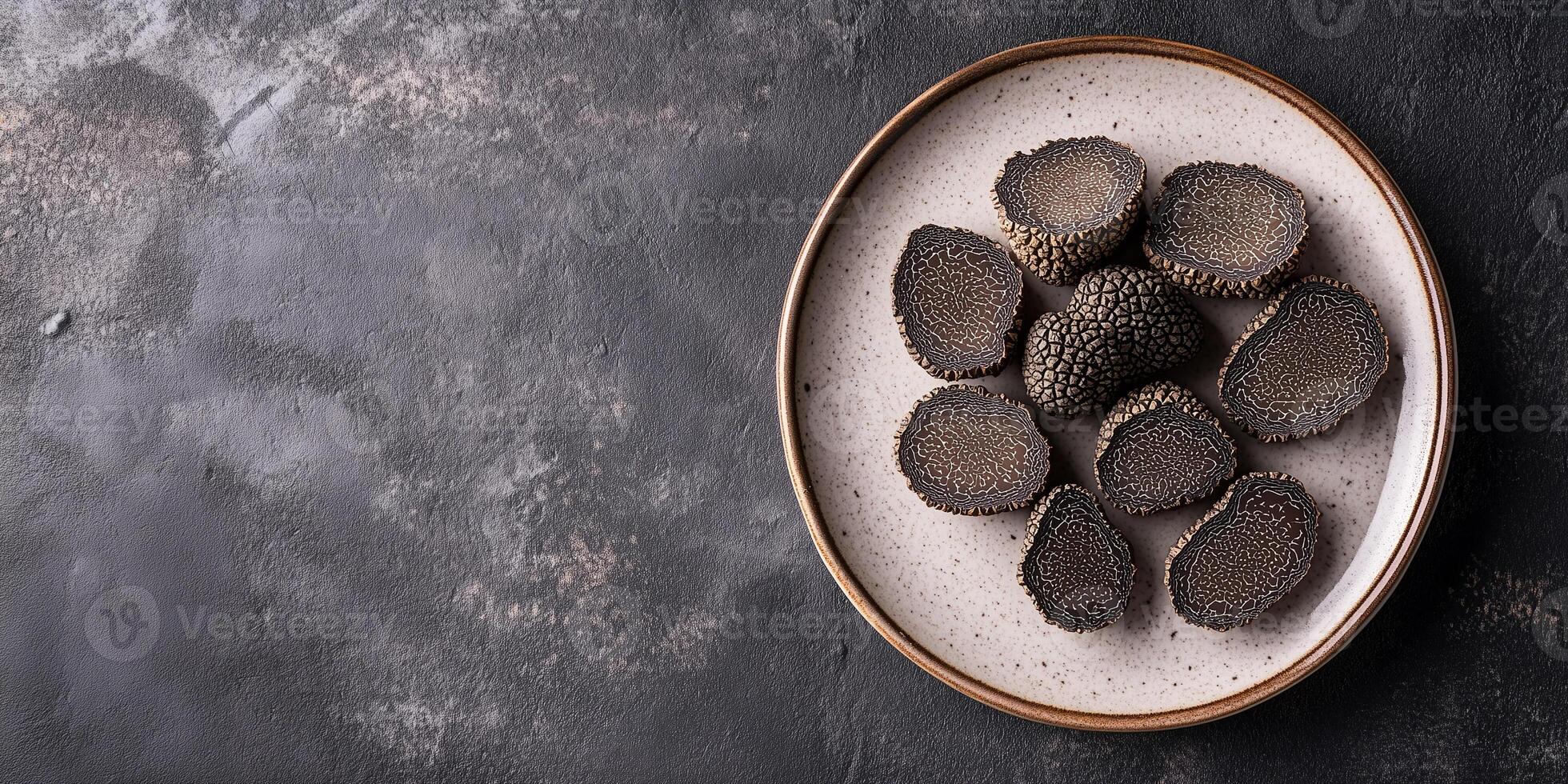 Sliced black truffles laid out in a straight line on a plate, meal photography photo