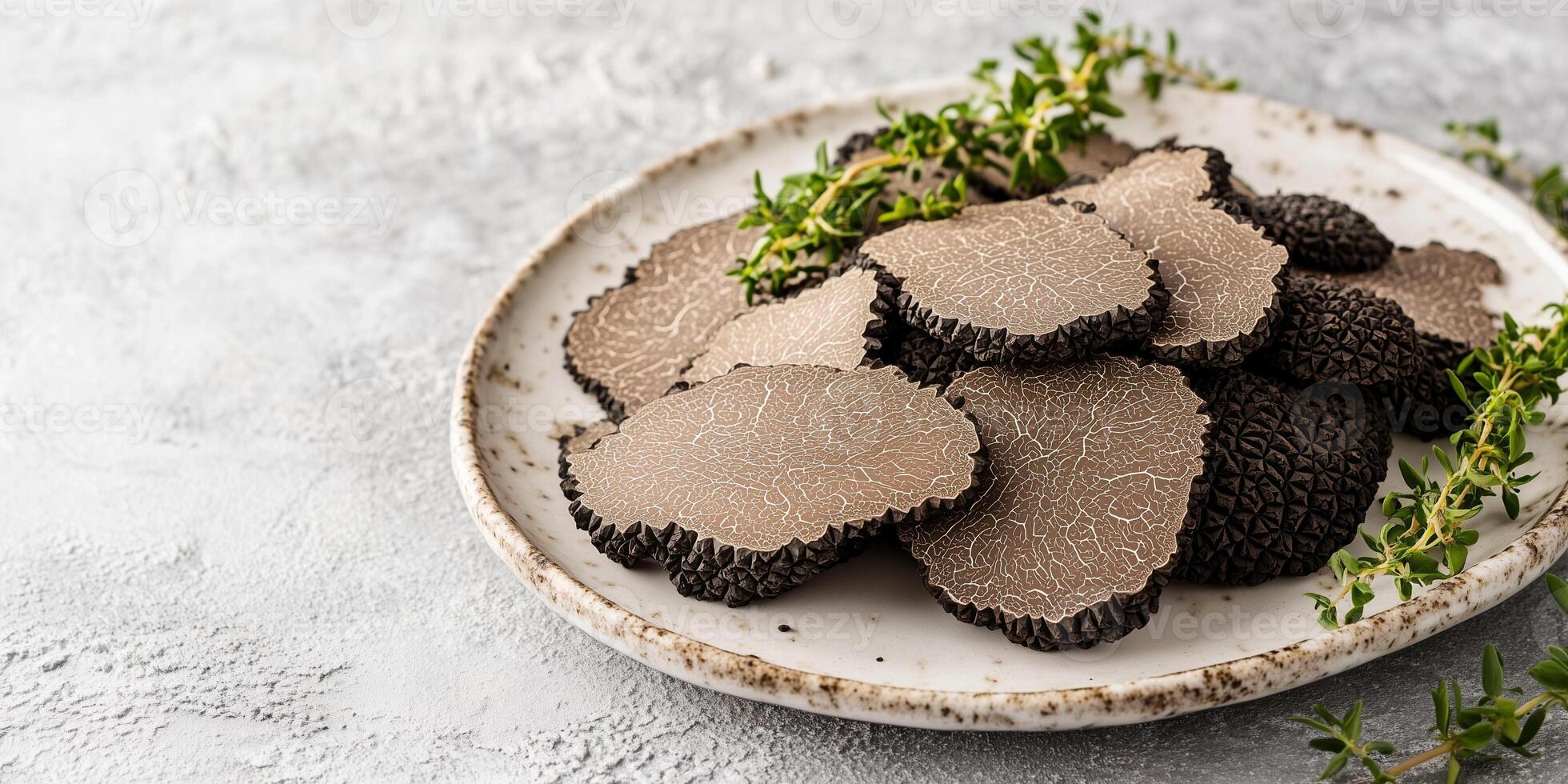 Sliced black truffles displayed on a white plate with a sprig of herbs, food setting photo