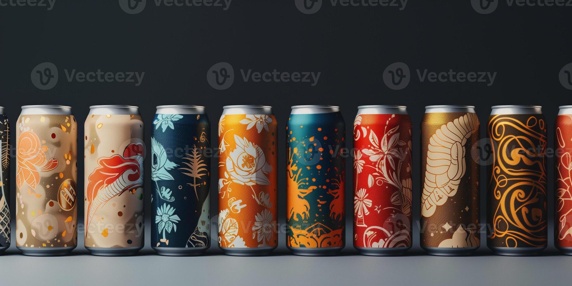 Collection of craft beer cans arranged in a row, highlighting different designs, food photography photo