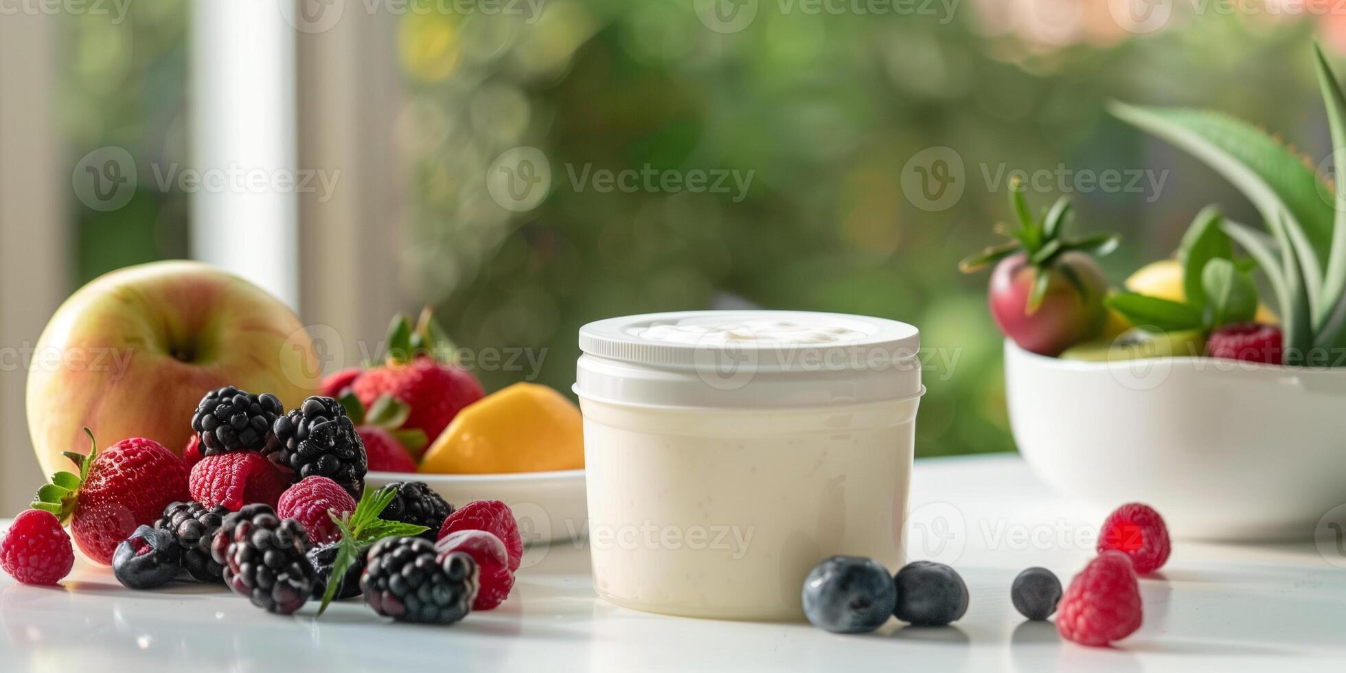 Container of kefir with a peel-off lid, positioned next to a bowl of fresh fruit, culinary photography photo