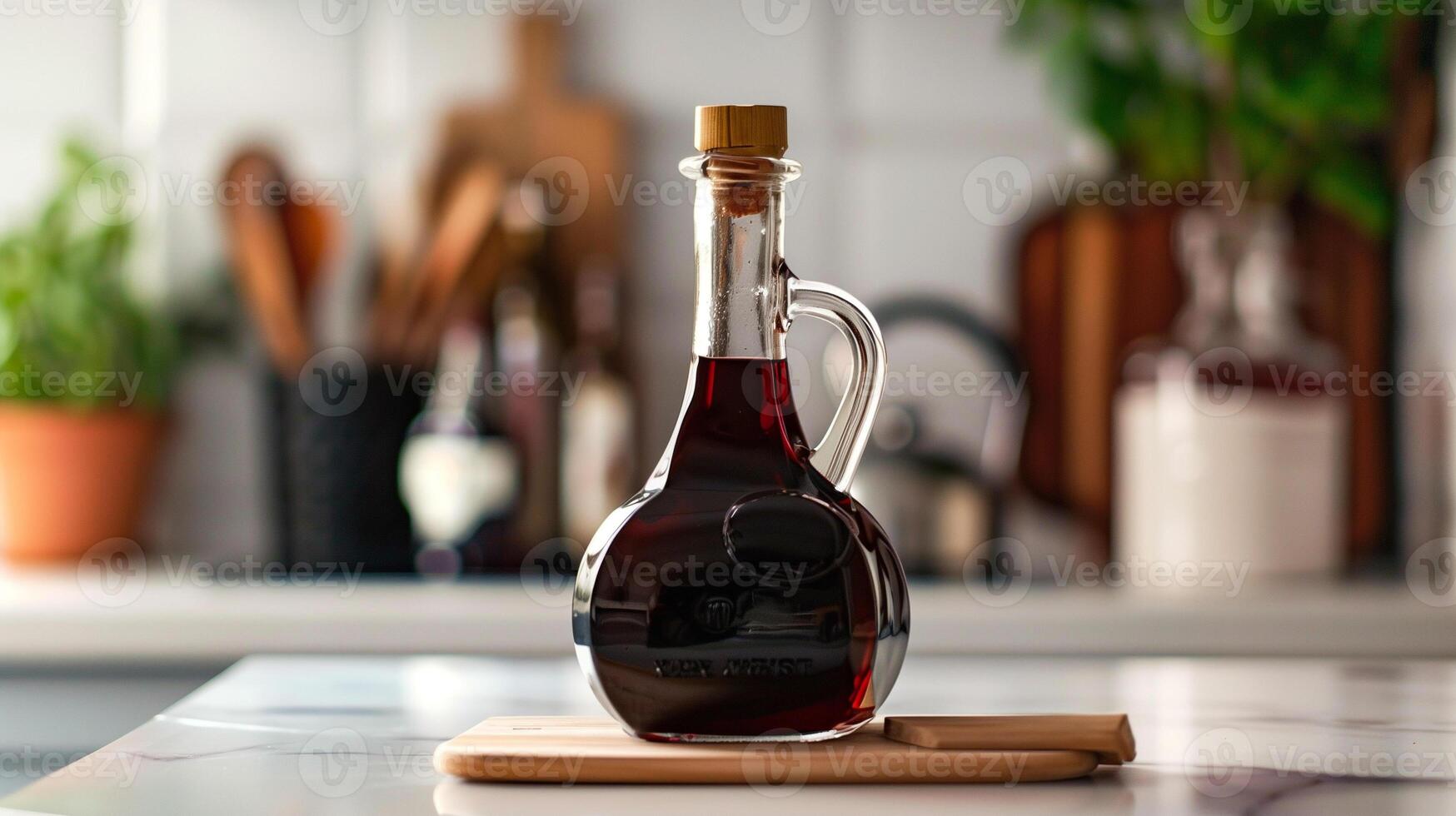 Container of chocolate syrup with a spout on a kitchen counter, food photography photo