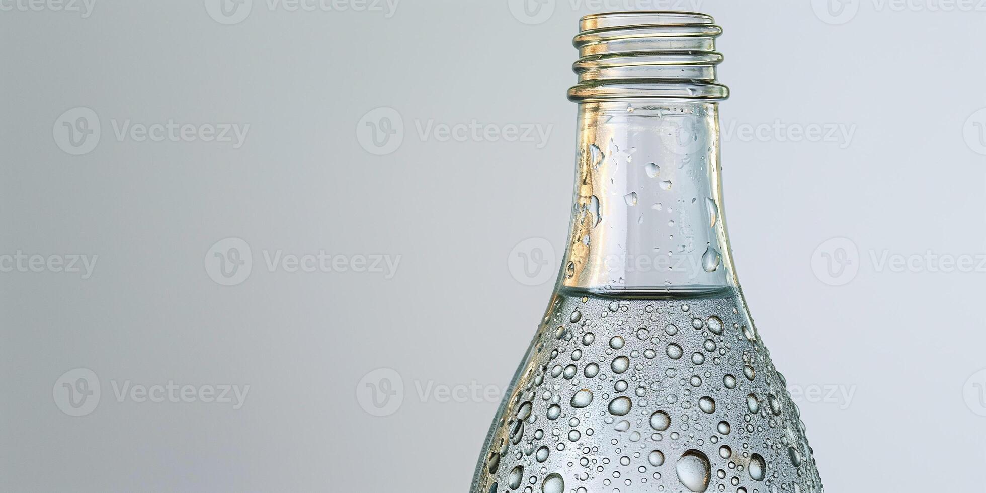 Glass bottle filled with clear sparkling water, condensation forming on the outside, on a white background, food photography photo