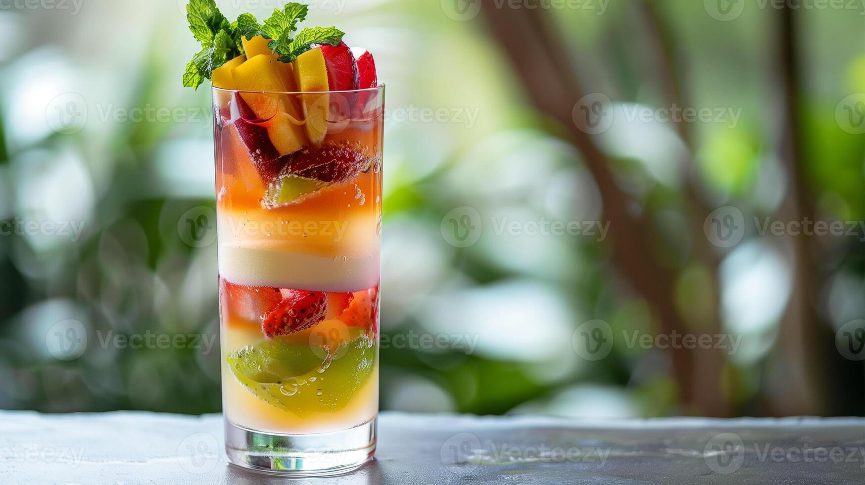 Fruit-infused nougat drink in a tall glass, with visible layers of nougat and fruit, food photography photo