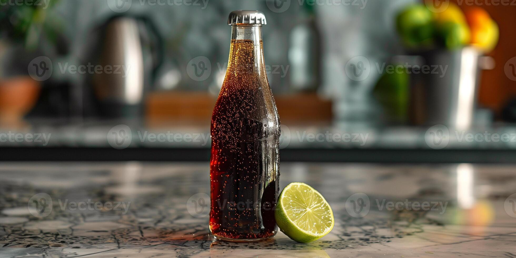 Glass bottle of dark, fizzy drink next to a lime wedge on a marble counter, culinary photography photo