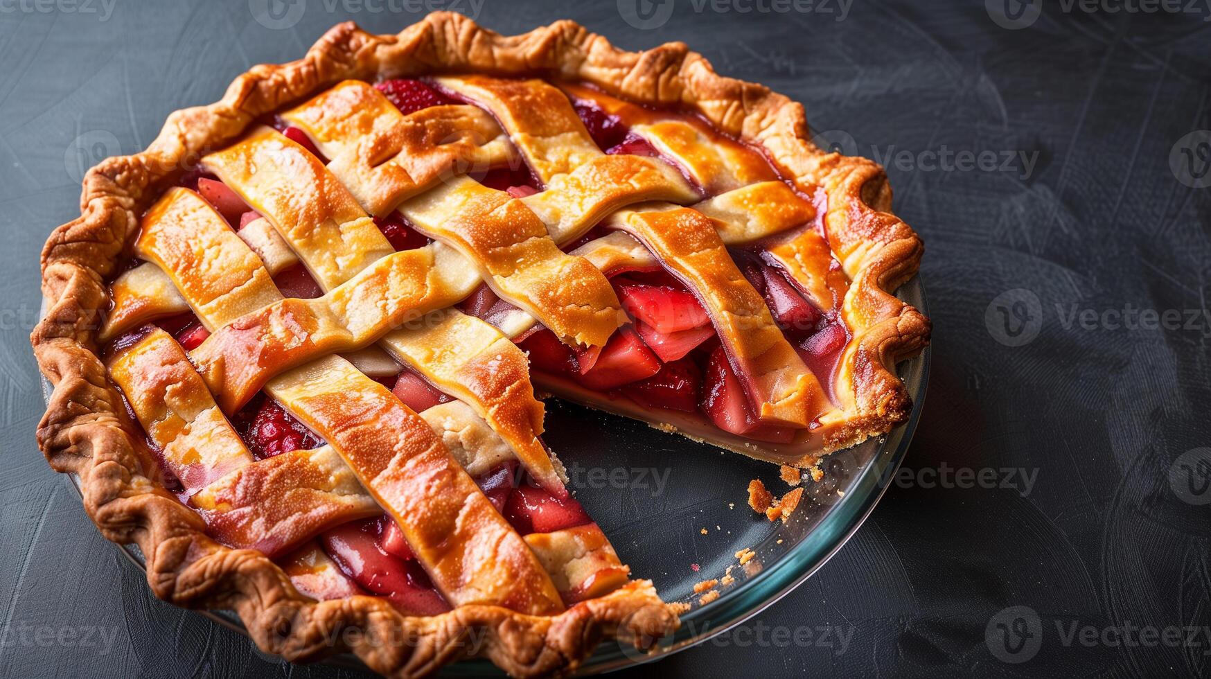 Frozen pie with lattice crust partially sliced to show fruit filling, culinary photography photo
