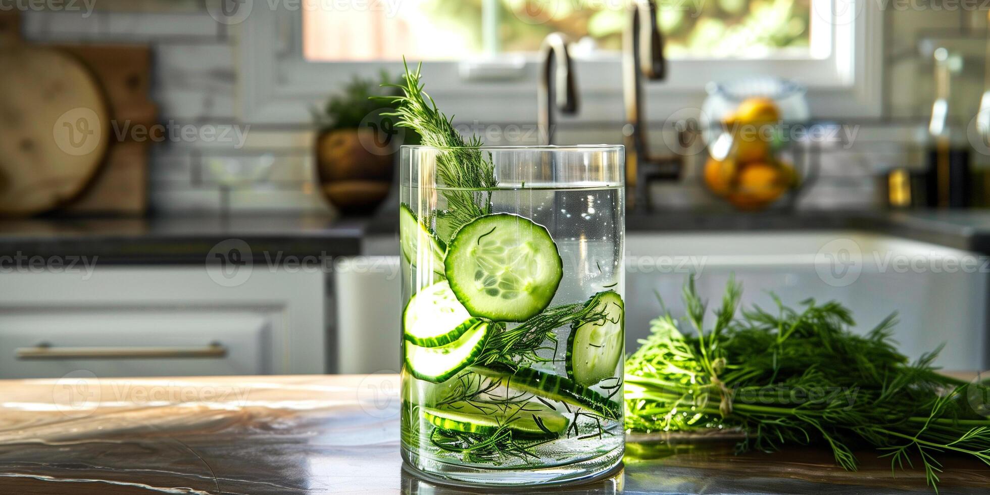 Glass container with water, submerged cucumber slices, and sprigs of fresh dill on a kitchen counter, culinary photography photo