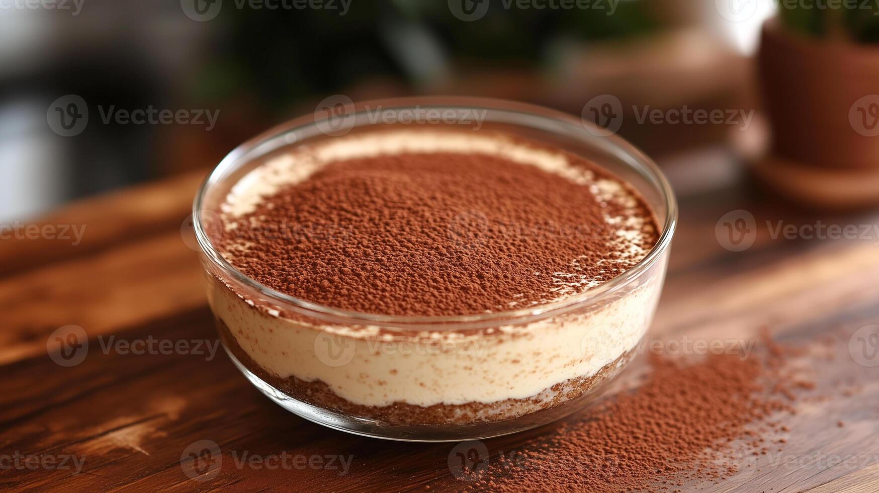 Glass dish containing a whole tiramisu, topped with a dusting of cocoa powder, food photography photo
