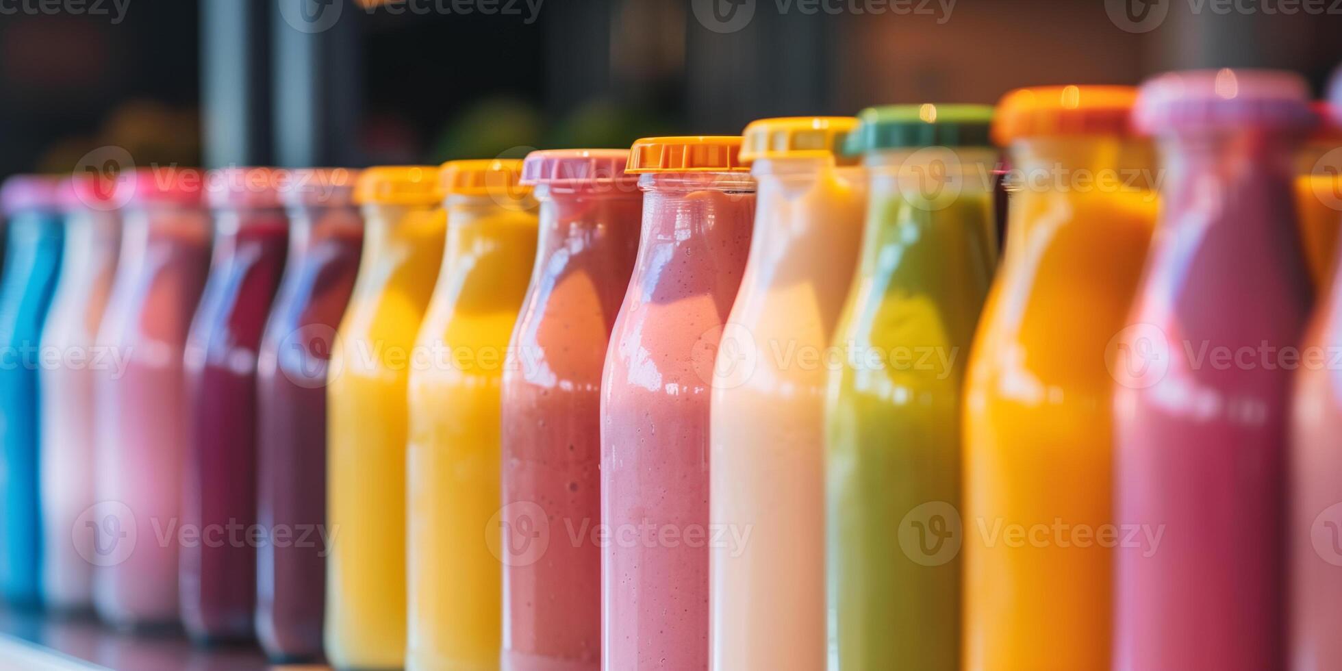 Group of assorted flavored yogurt drink bottles arranged neatly in a row on a counter, food photography photo