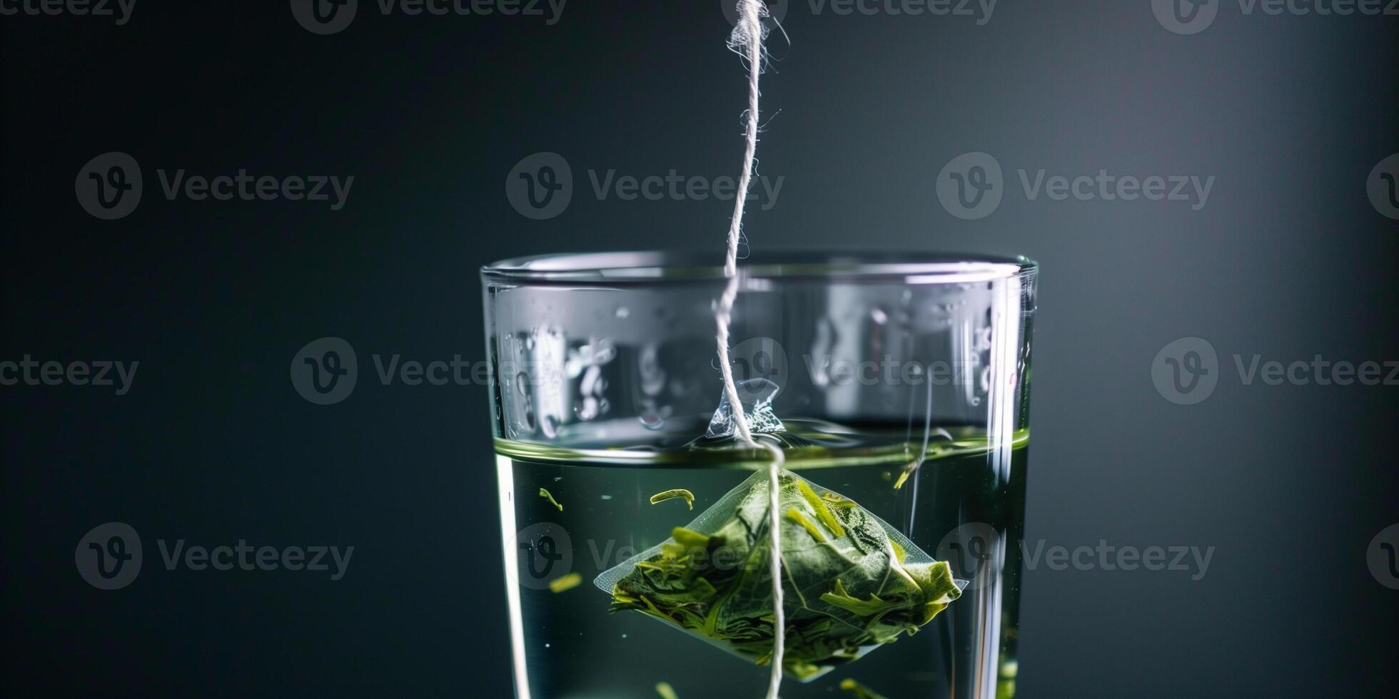Green tea teabag submerged in a glass cup of water, string hanging over the side, food photography photo