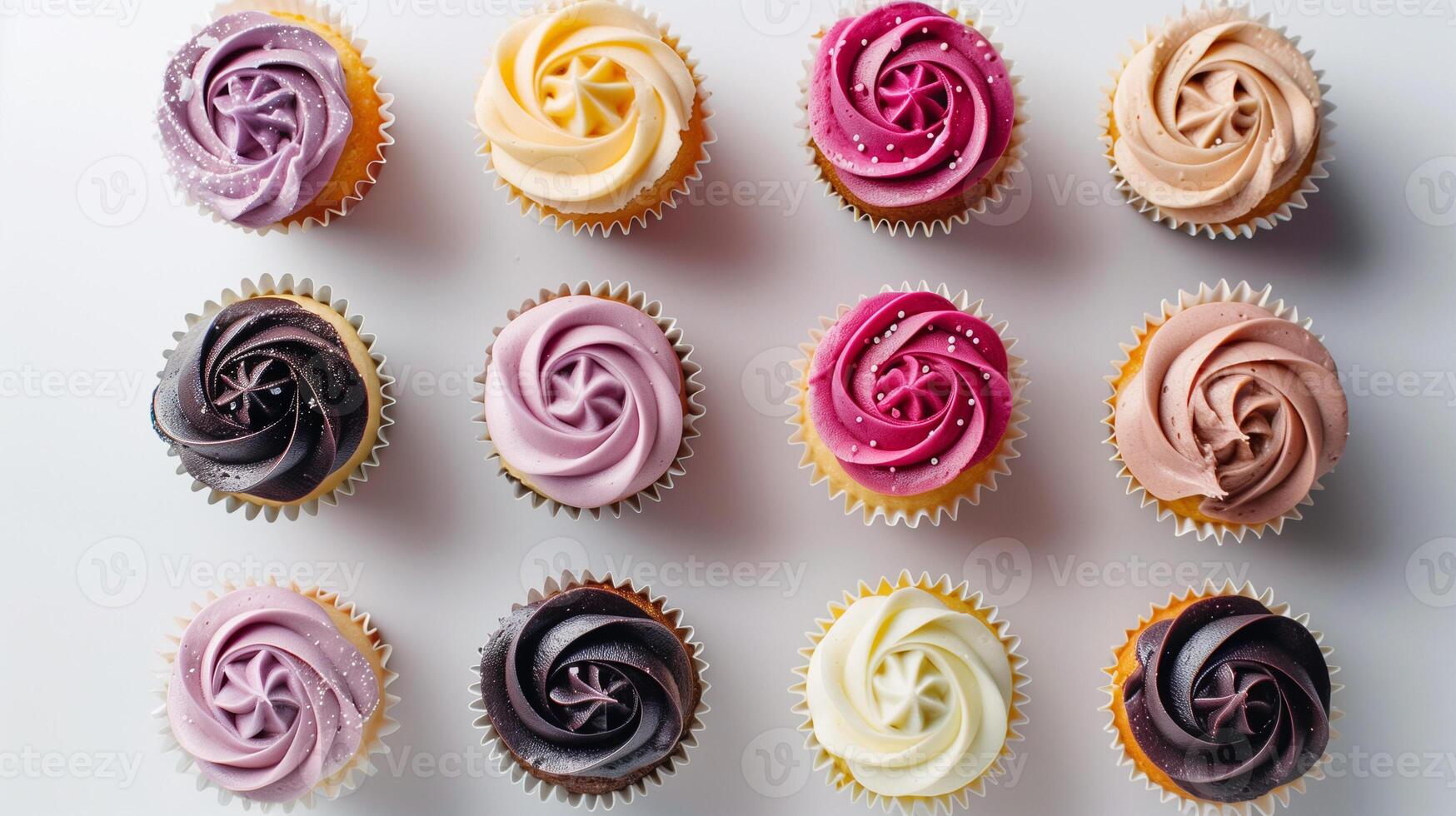 Group of cupcakes with swirled frosting and simple decoration, food photography photo