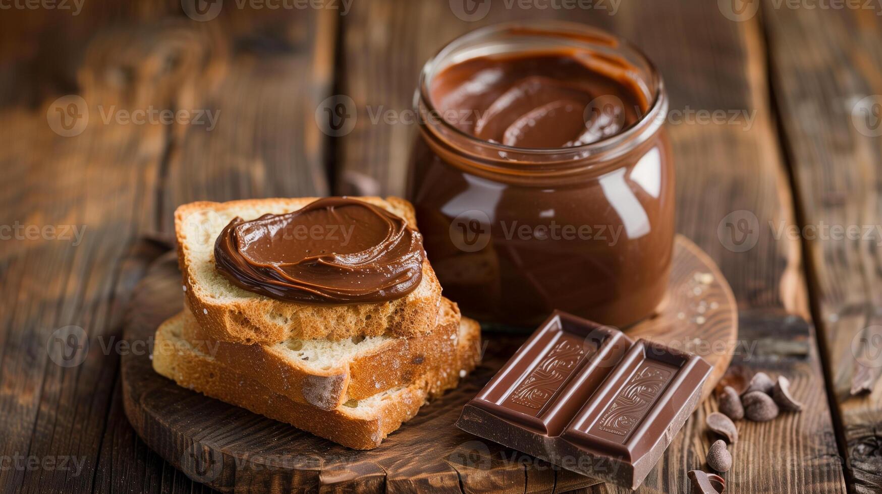 Jar of chocolate spread with a portion spread on a slice of bread on a plate, culinary photography photo