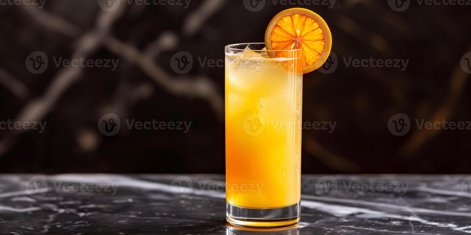 Tall glass filled with orange drink, garnished with a citrus wheel, culinary photography photo