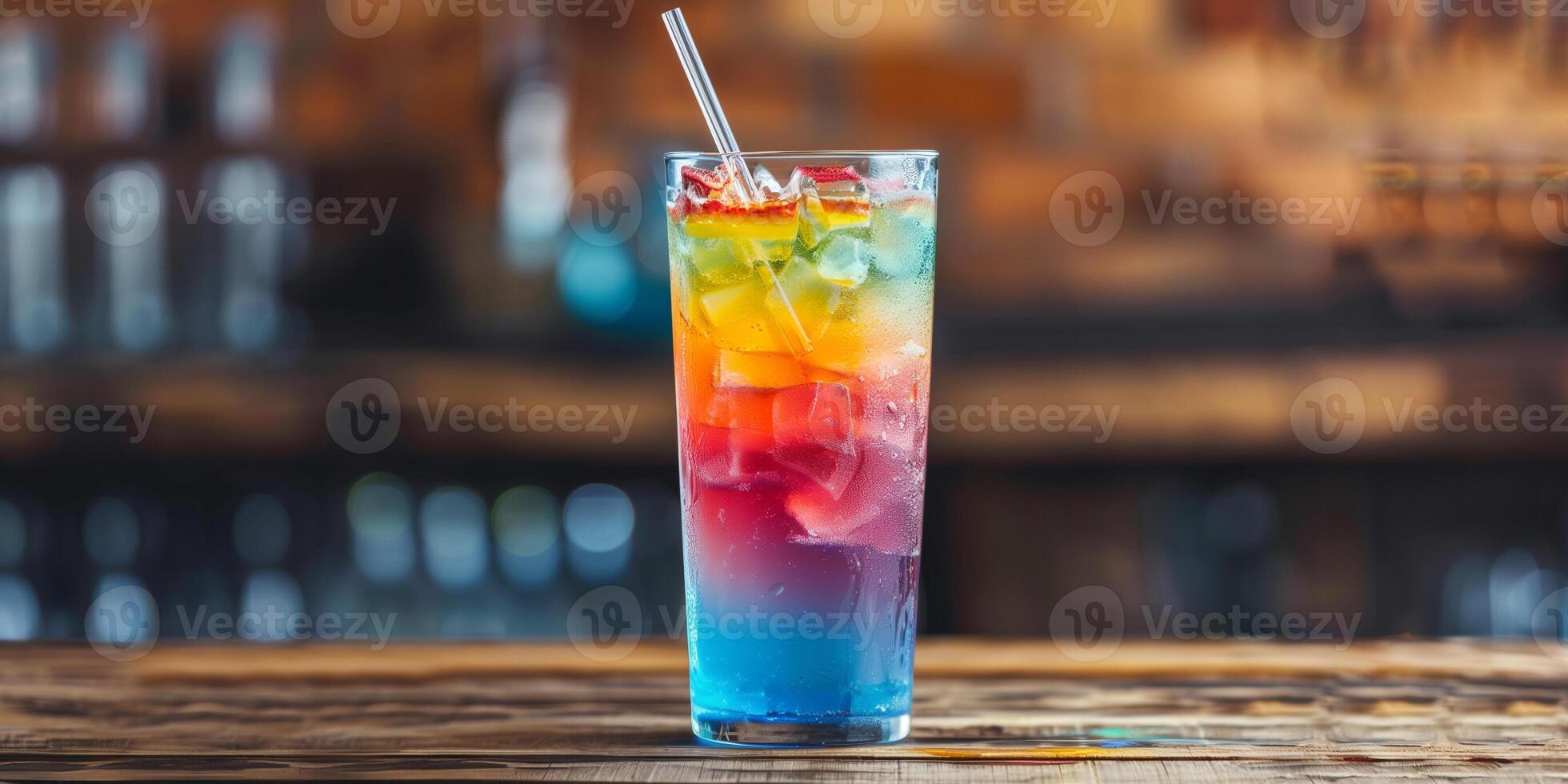 Tall glass of layered, colorful beverage with a straw, on a wooden surface, culinary photography photo