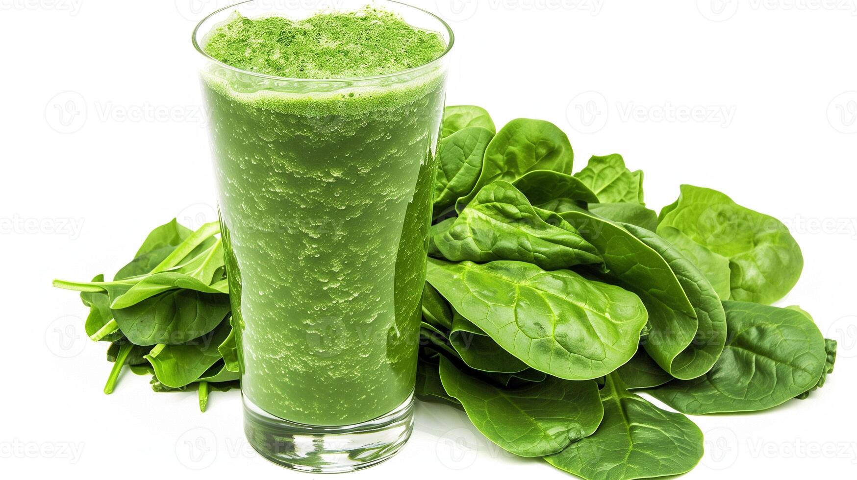 Tall glass of green smoothie with leafy vegetables next to spinach bunch, food photography photo