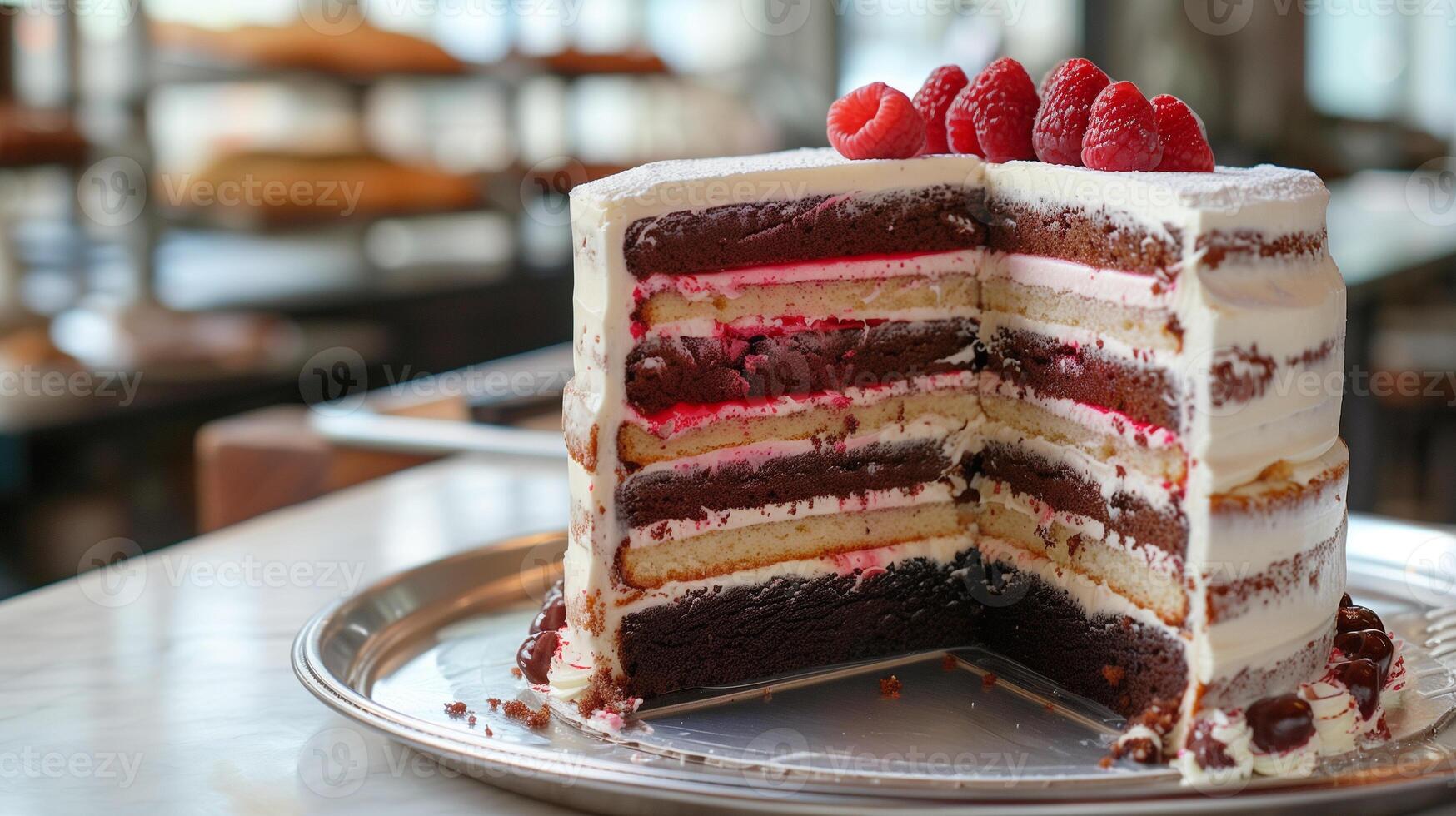 Tall layer cake, partially cut, displaying even layers of cake and filling, on a tray, food photography photo