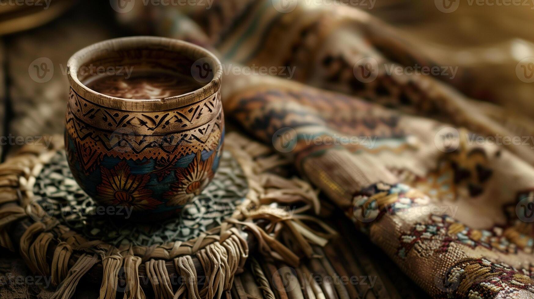 Traditional beverage in an ornate cup, on a handwoven cloth on a wooden table, culinary photography photo