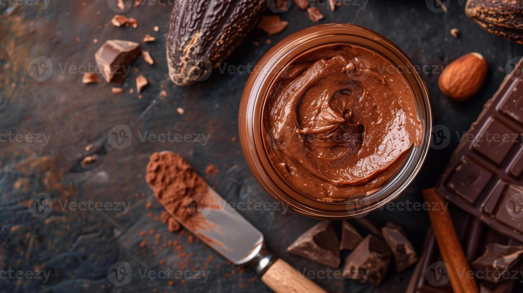 Top-down view of open jar of chocolate spread next to spreading knife, food photography photo