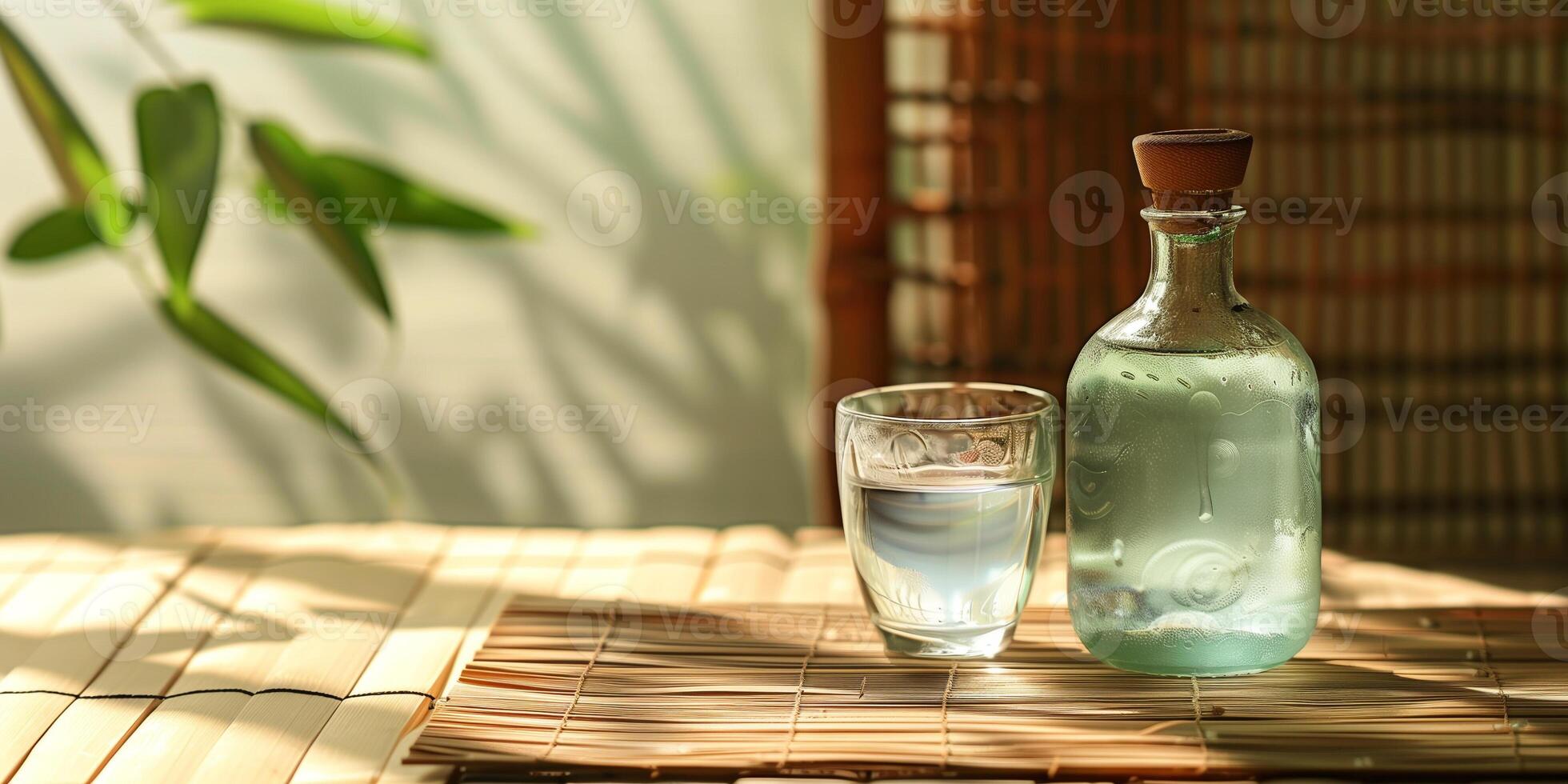 Traditional Korean soju bottle with a glass of clear liquid on a bamboo mat, culinary photography photo