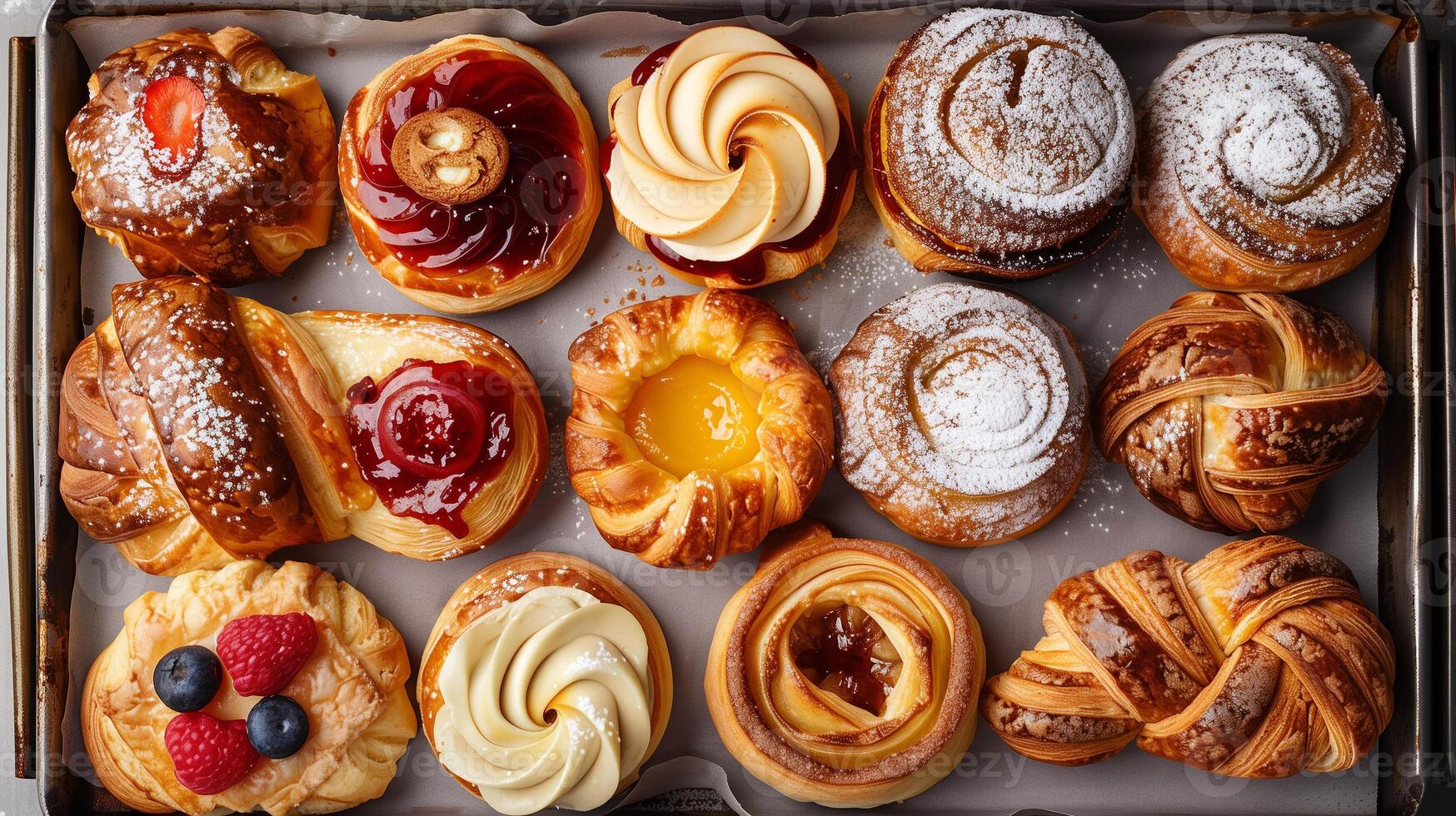An assortment of Danish pastries on a tray, each with different fillings and shapes, food photography photo