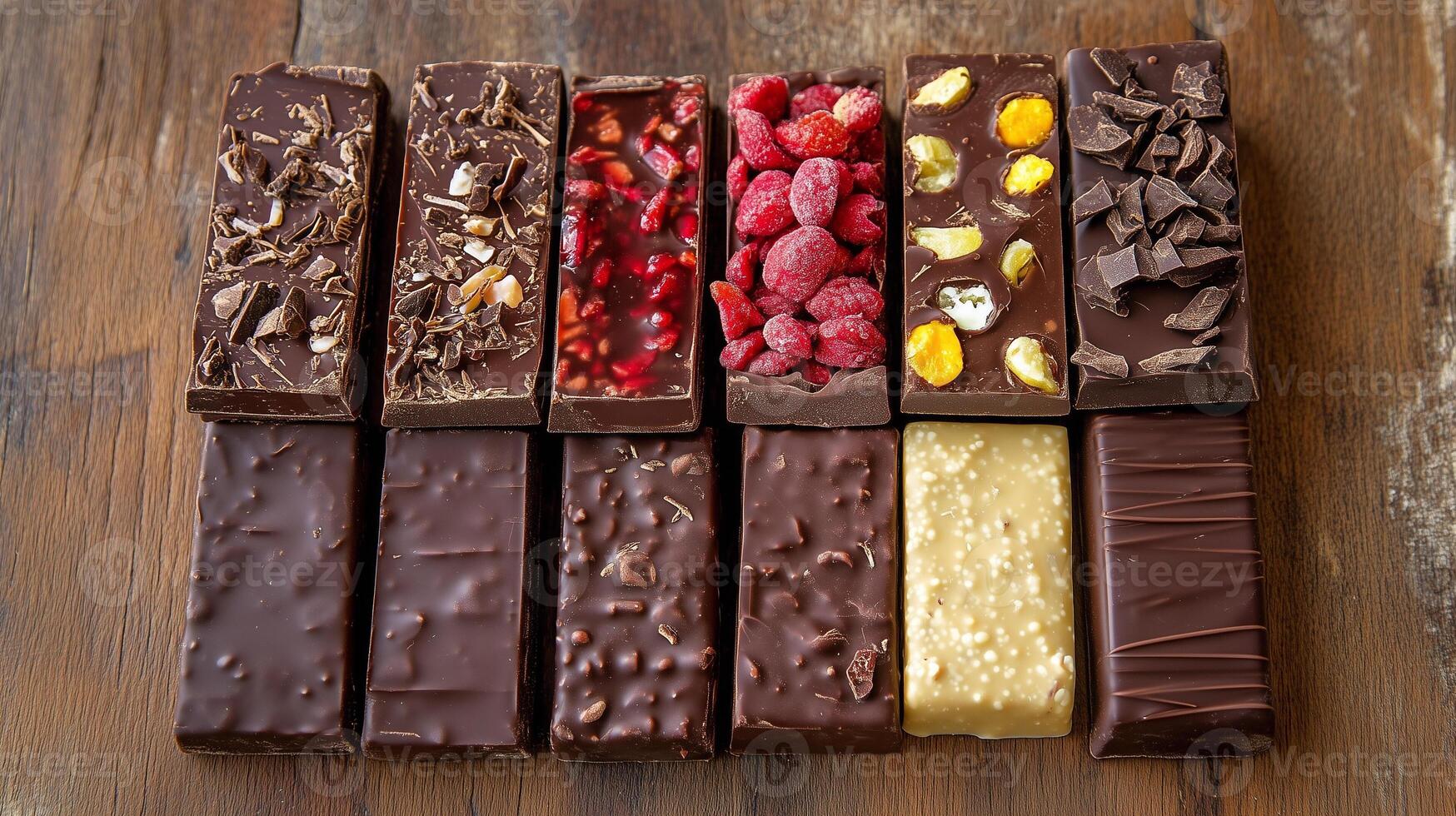 Dairy-free chocolate bars on a wooden surface, with various fillings, culinary photography photo