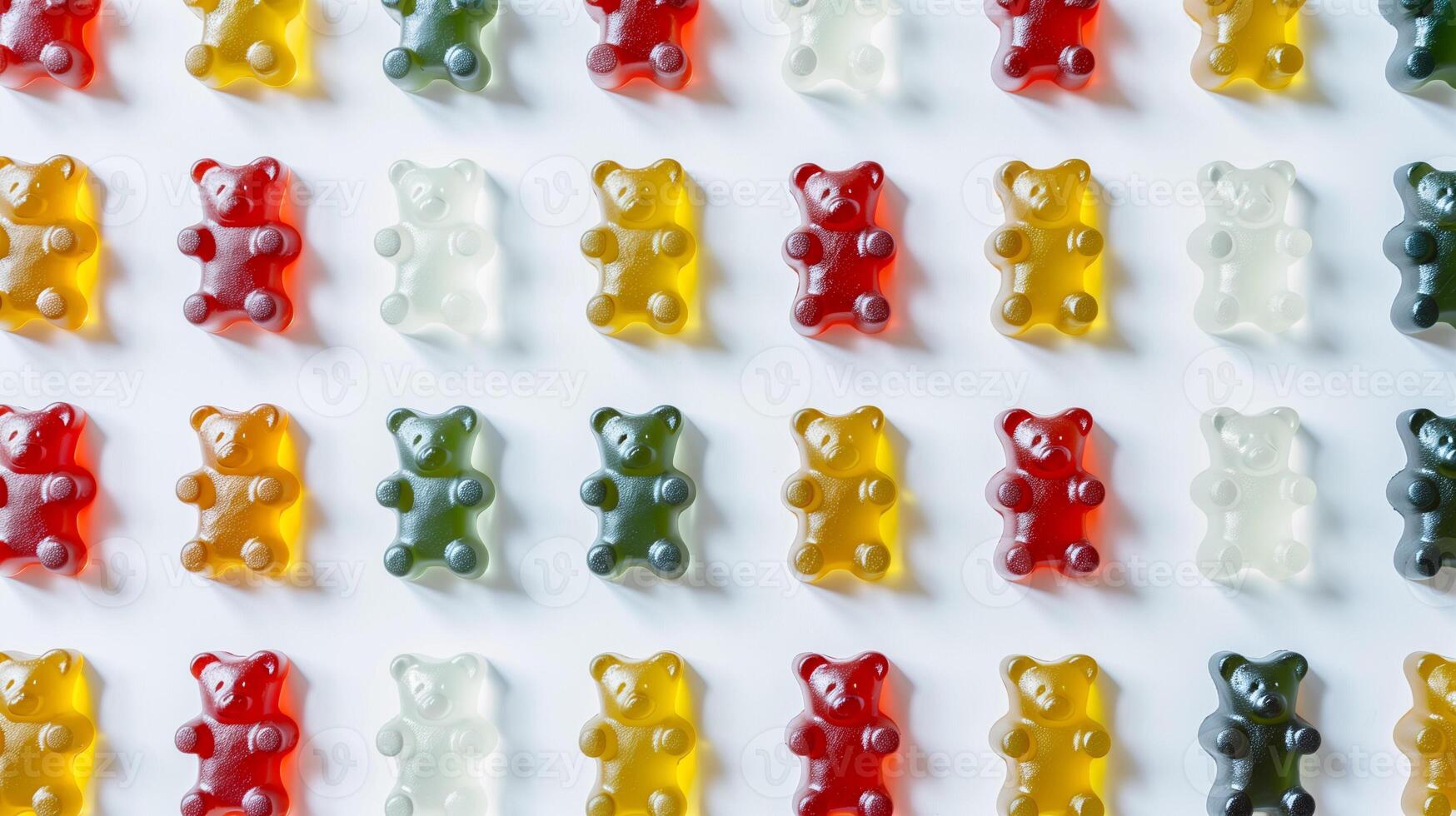 Assorted gummy bears in various colors displayed in a random pattern on white, culinary photography photo