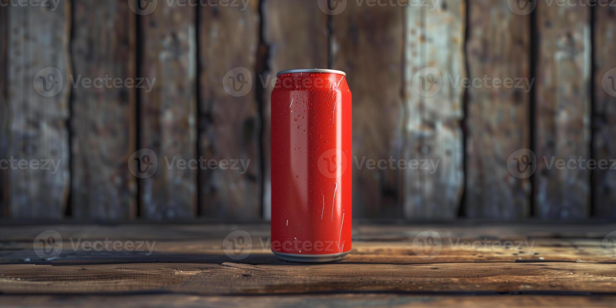An energy drink can on a wooden surface, with minimalistic background elements highlighting the product, food photography photo