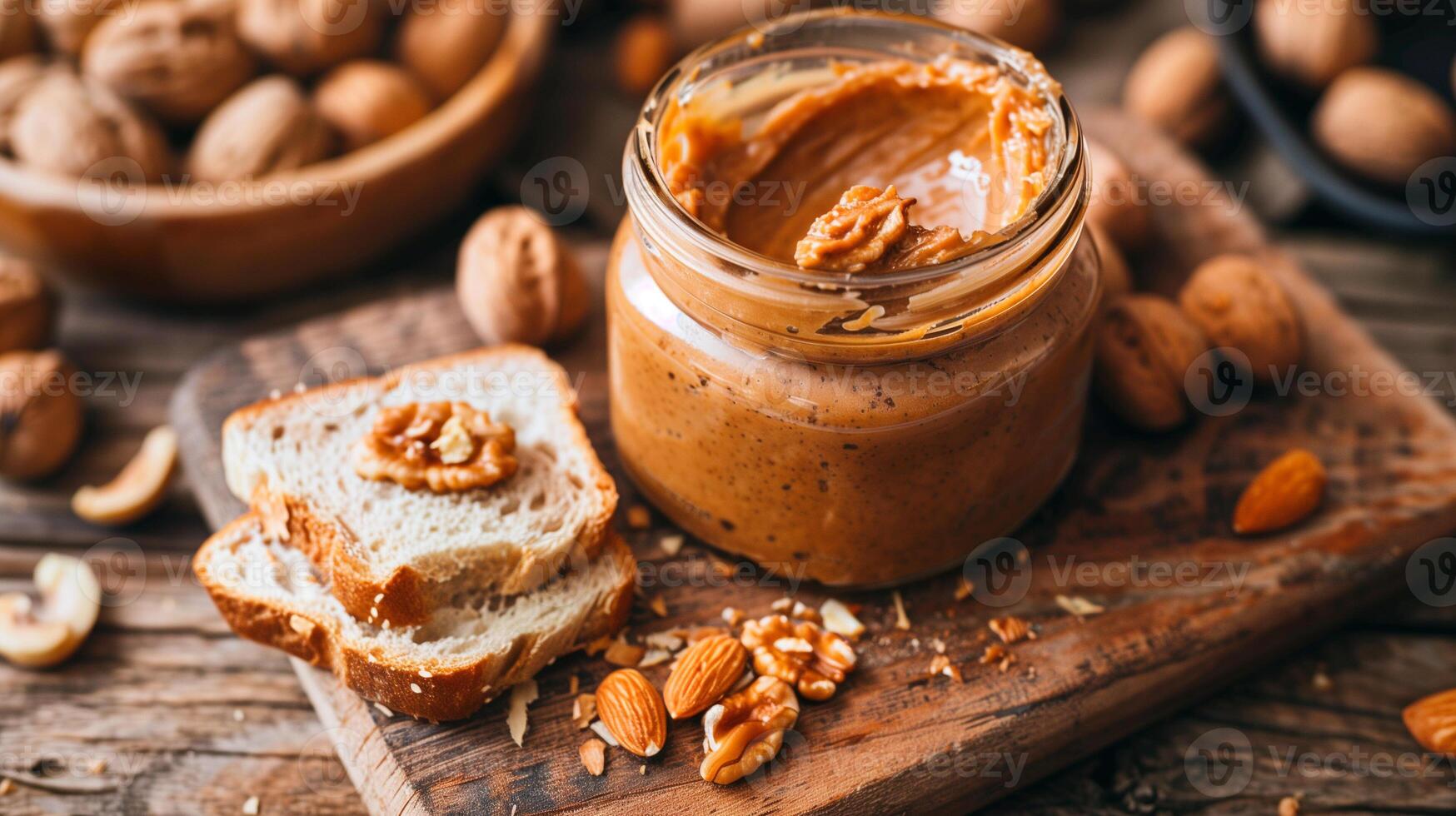 Open jar of nut-free spread with a portion on a slice of bread on a plate, food photography photo