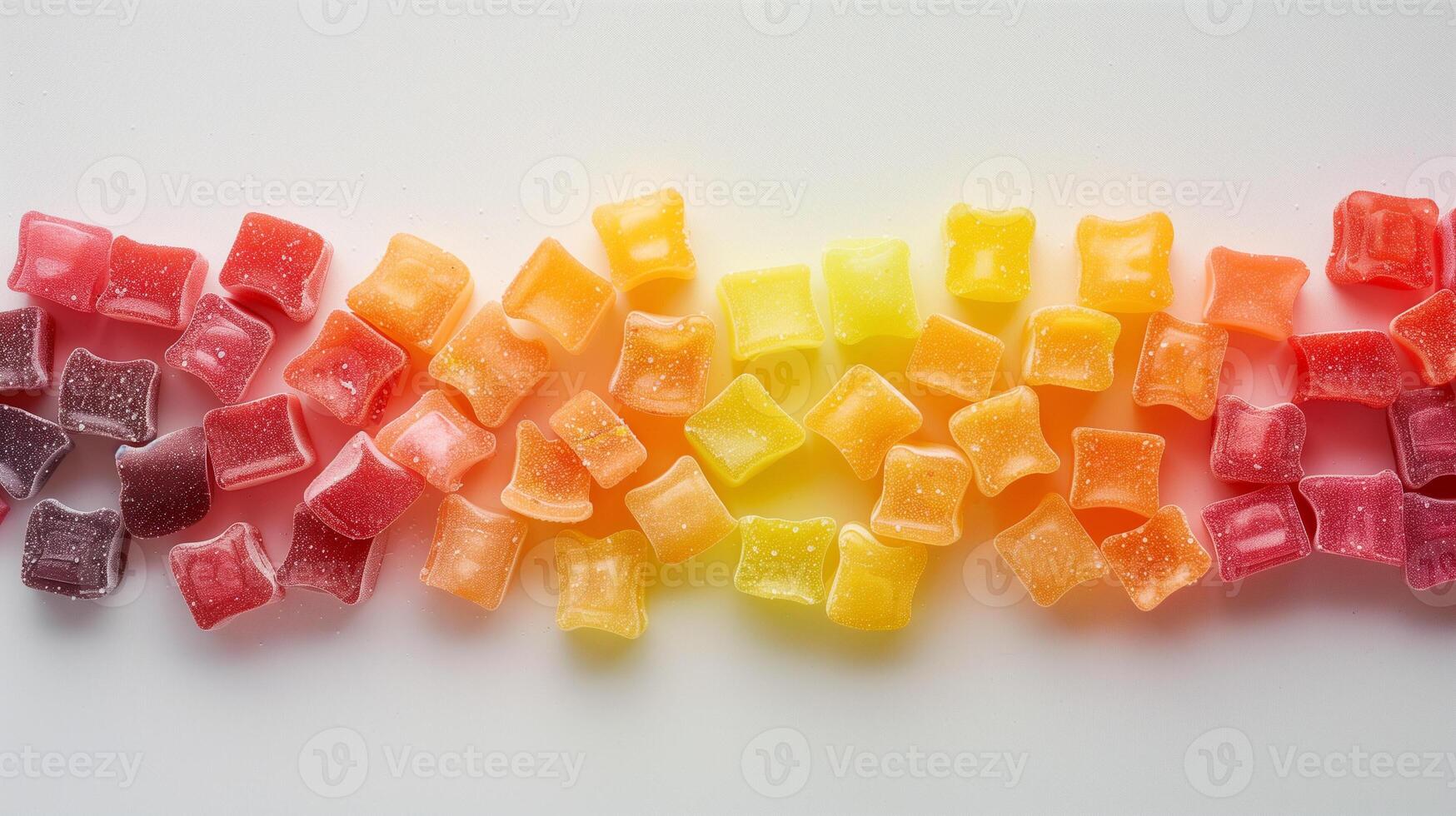 Several chewy candy pieces placed side by side, forming a gradient of colors on a flat surface, culinary photography photo