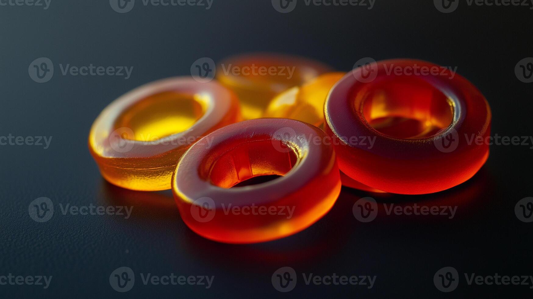 Chili-flavored gummy rings on a black background, uniformly shaped, culinary photography photo