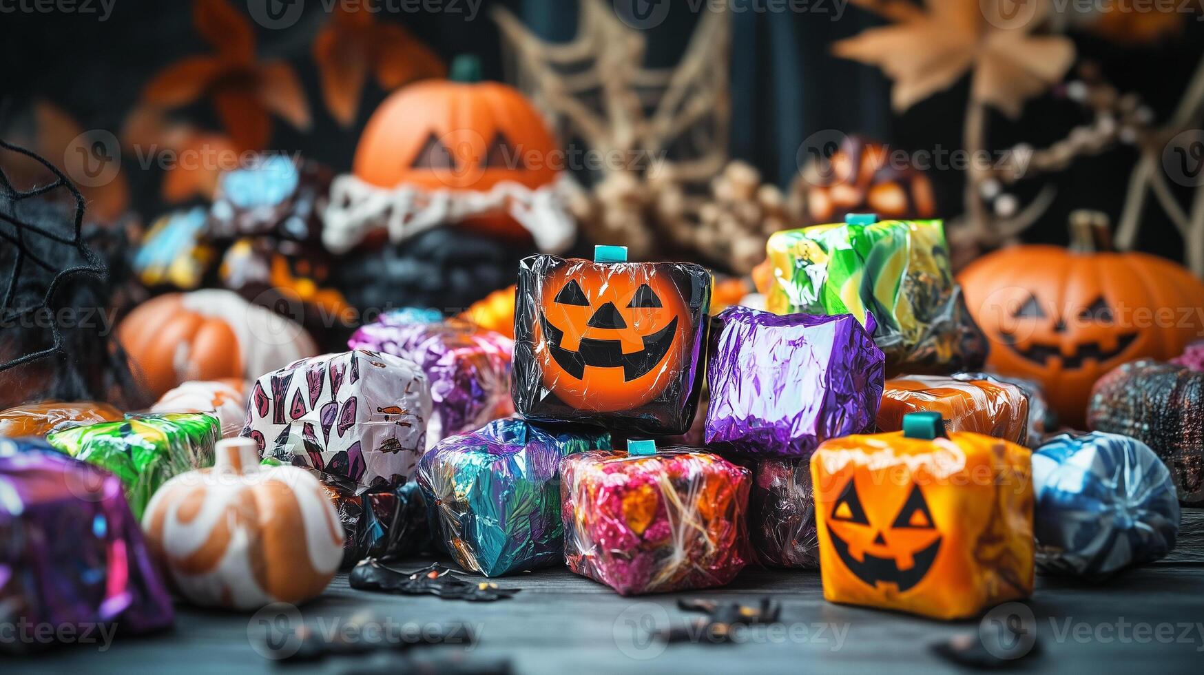 Individually wrapped Halloween candies displayed on a table with decorative elements, gastronomy photography photo