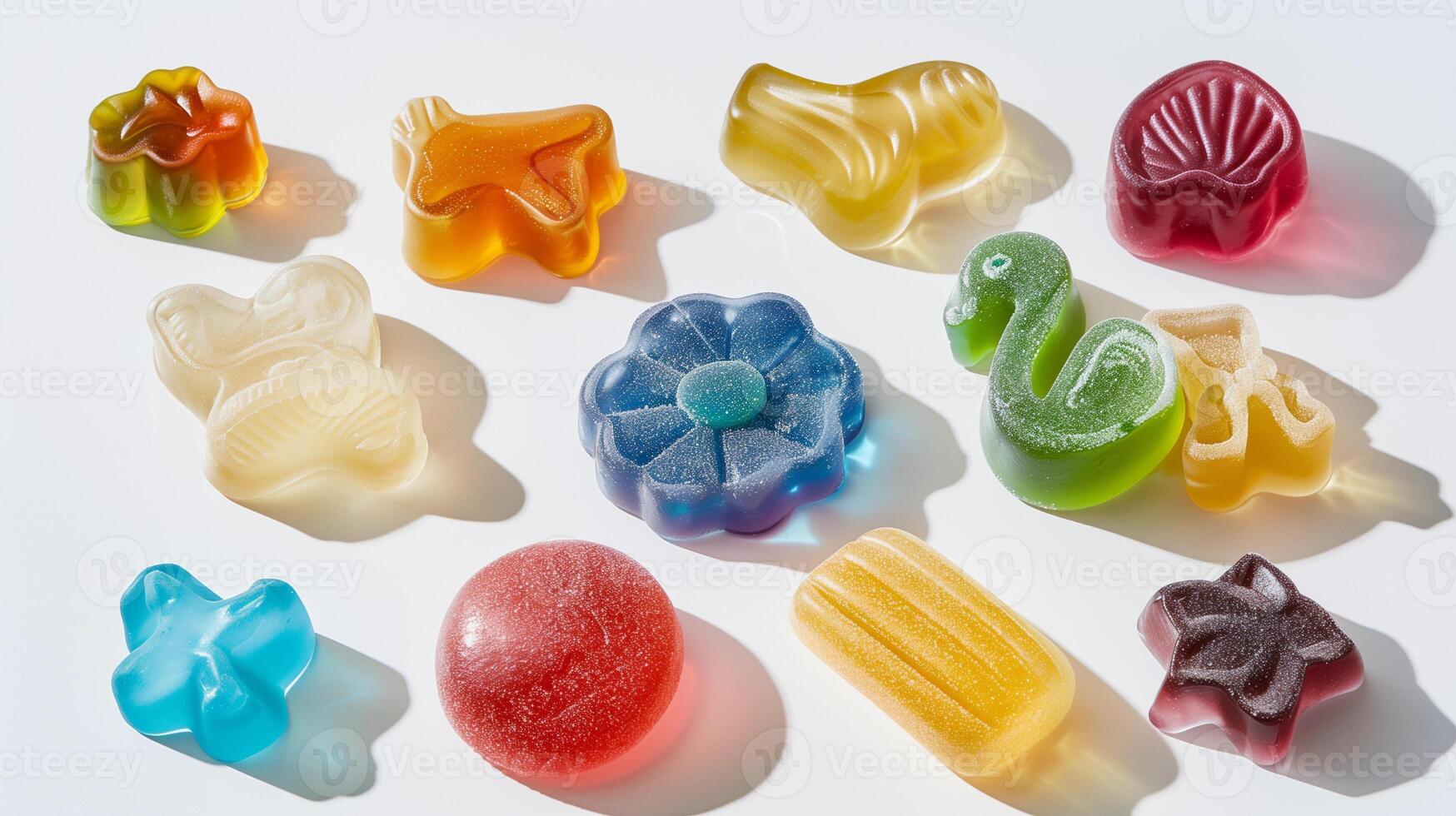 Gummy candies in various colors and shapes arranged in a circular pattern on a white background, photorealistic food photo