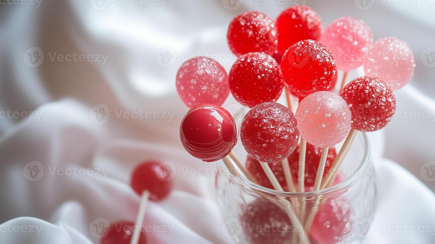 Red and pink lollipops in a glass vase on a white tablecloth, gastronomy photography photo