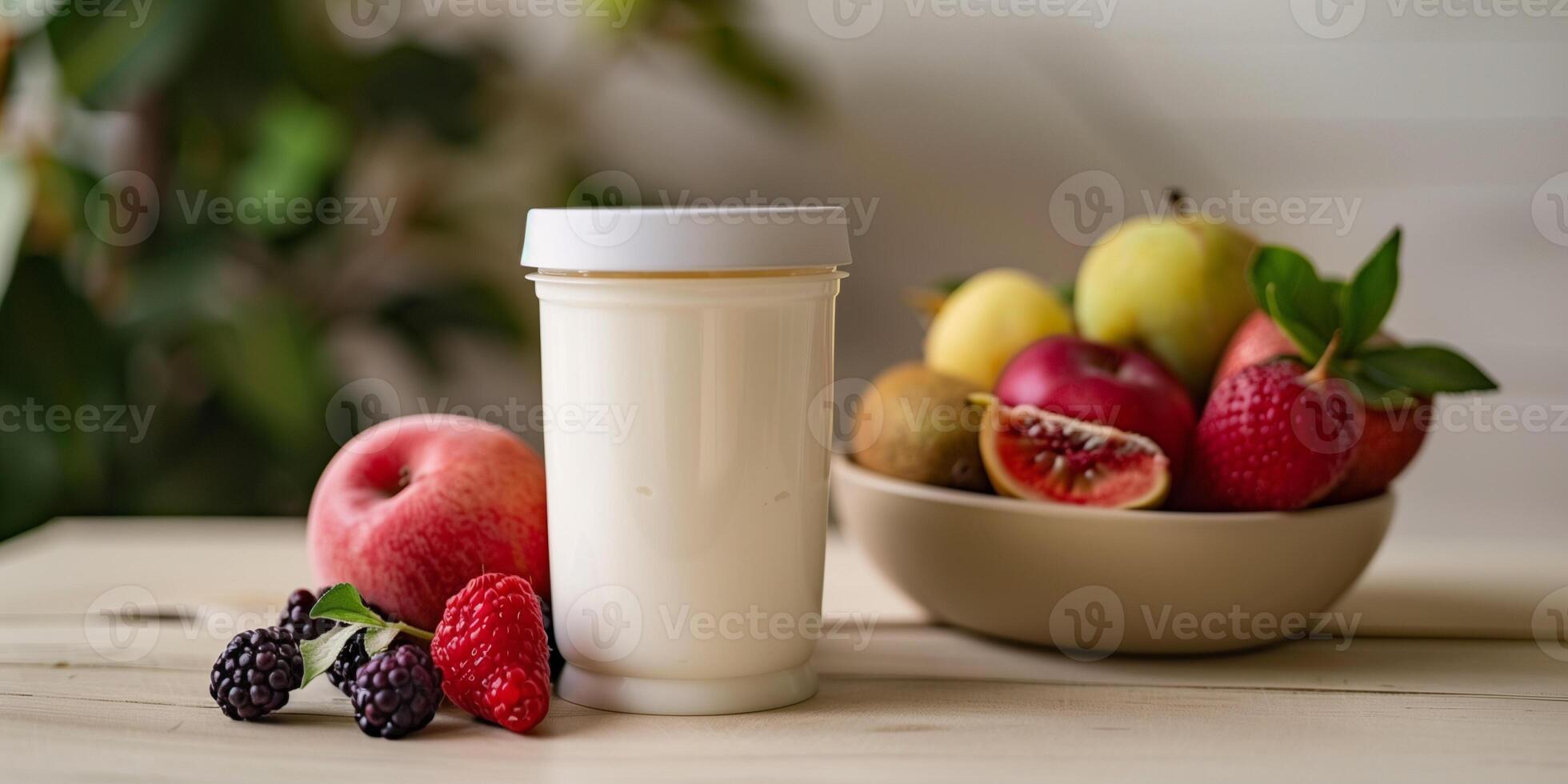 Container of kefir with a peel-off lid, positioned next to a bowl of fresh fruit, photorealistic food photo